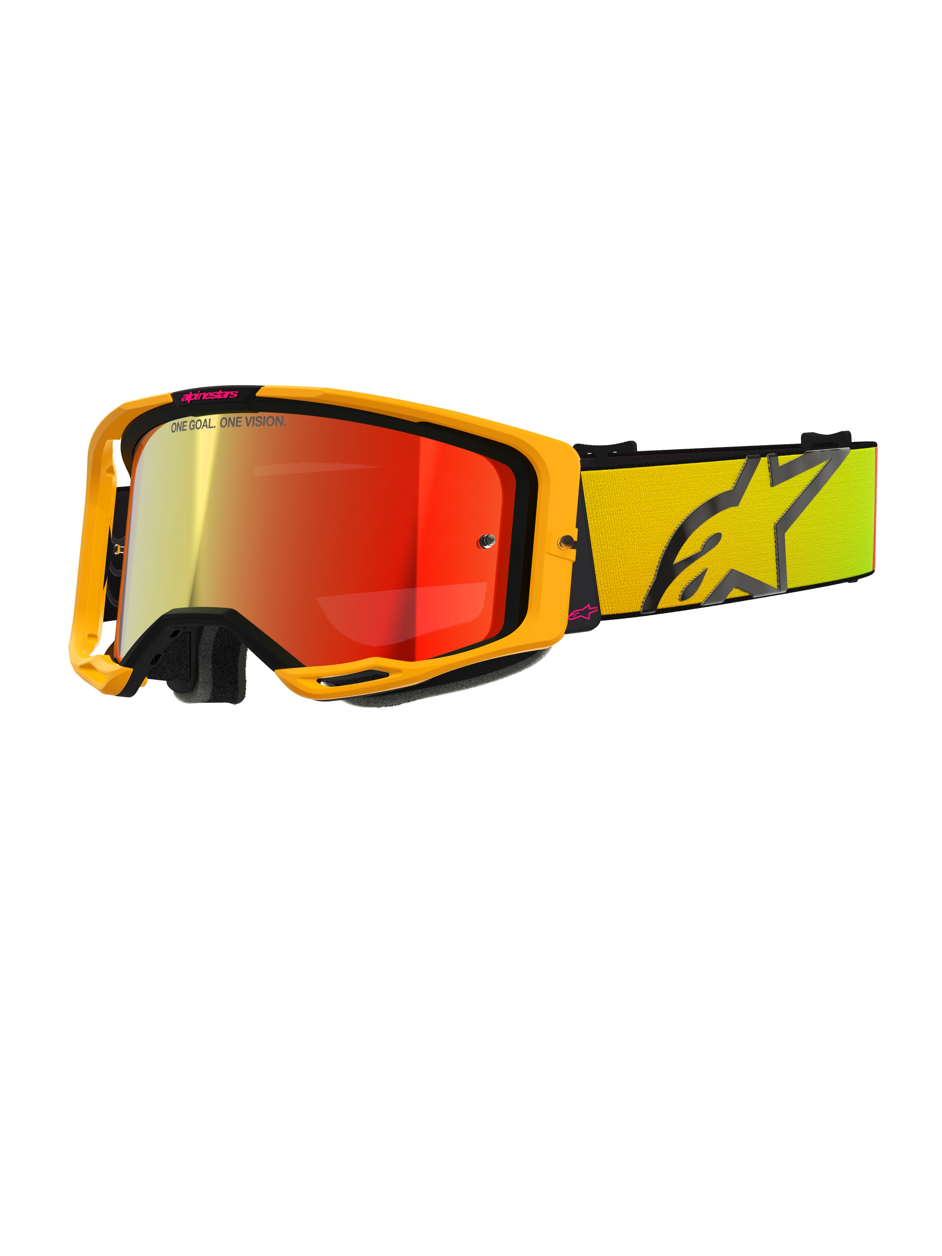 Alpinestars Vision 8 Corp Goggles, óculos de motocross amarelos e cor-de-rosa, lente espelhada vermelha refletora, correia amarela larga com logótipo de estrela preto grande, branding 'ONE GOAL. ONE VISION.', óculos profissionais para corridas fora de estrada