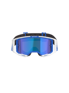 Alpinestars Vision 8 Corp Goggles, Motocross Goggles, Blue and White with Mirror Blue Lens, featuring a white outer frame, blue inner accents, and 'One Goal. One Vision.' branding on the mirror lens, designed for off-road racing performance.