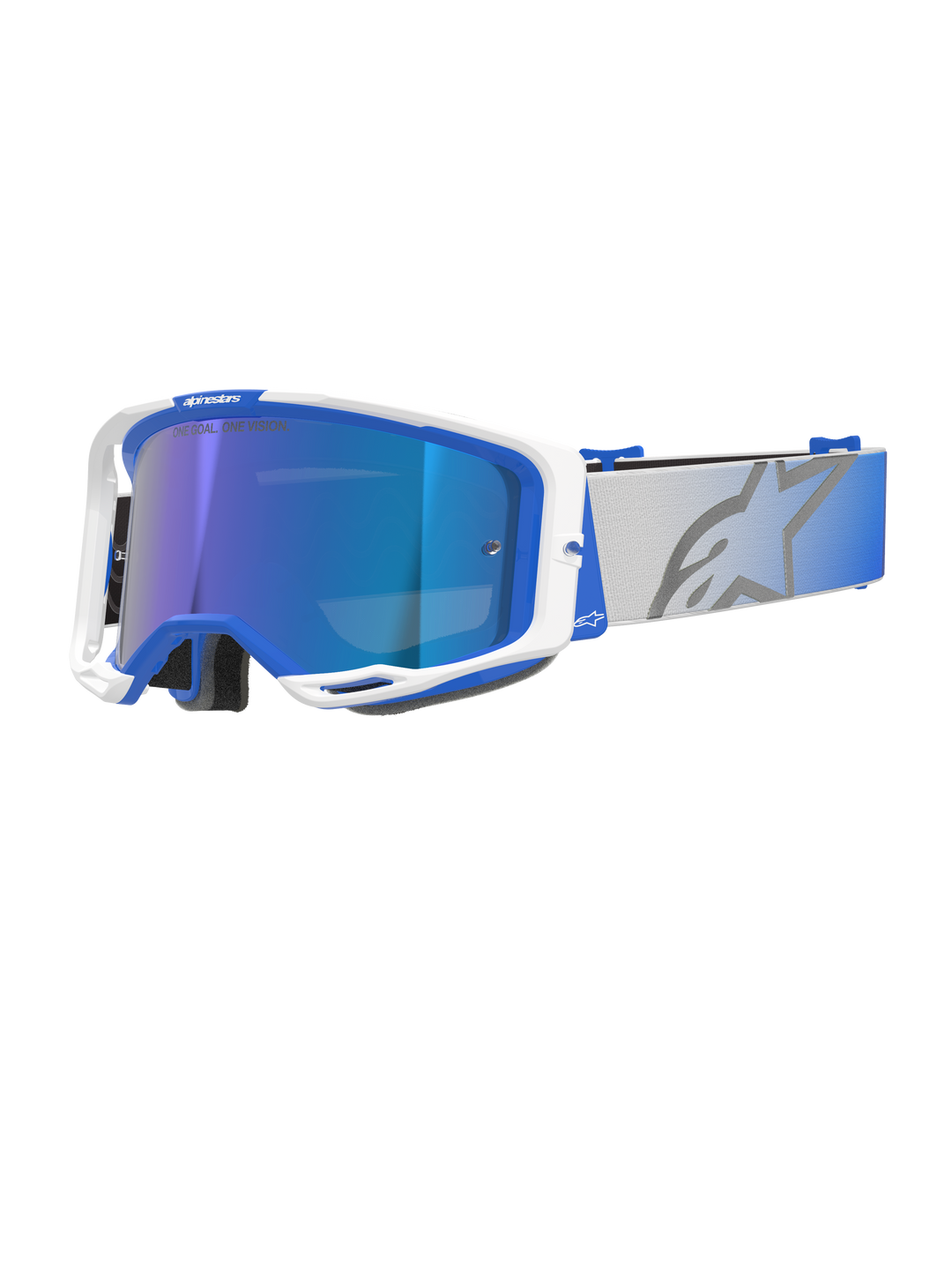 Óculos Alpinestars Vision 8 Corp, óculos de motocross, armação azul e branca, lente refletora azul espelhada com tonalidade púrpura, correia larga ajustável cinzenta com gradiente azul e logótipo de estrela grande, com ventilação RAM-AIR e a marca "ONE GOAL. ONE VISION."