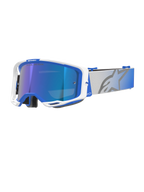 Alpinestars Vision 8 Corp Goggles, Motocross Goggles, Blue and White frame, Mirror Blue reflective lens with purple tint, wide adjustable gray strap with blue gradient and large star logo, featuring RAM-AIR ventilation and "ONE GOAL. ONE VISION." branding