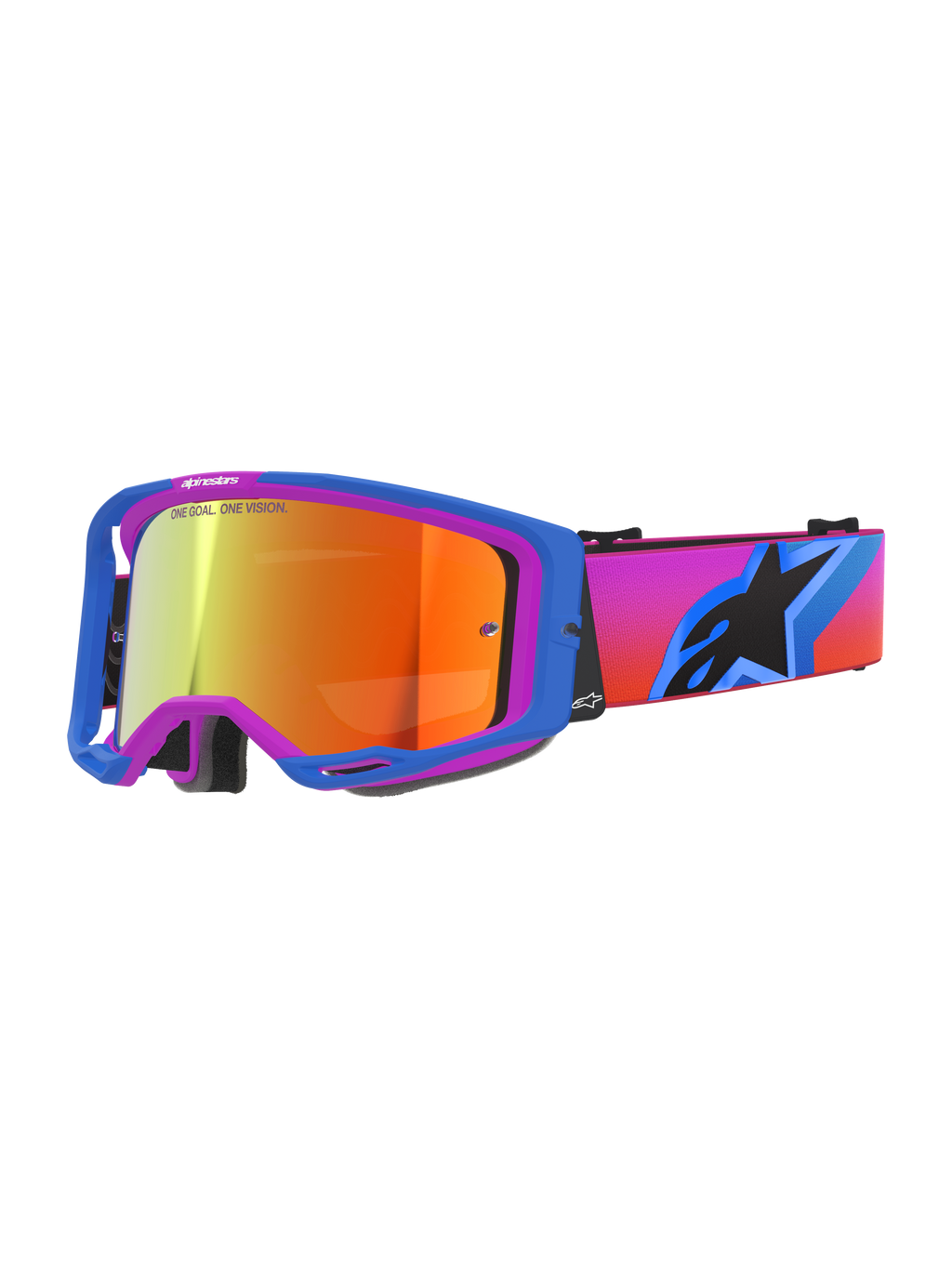 Alpinestars Vision 8 Corp Goggles, motocross goggles with a blue and purple A-FLEX frame, orange mirror lens featuring 'ONE GOAL. ONE VISION.' branding, gradient pink to orange strap with a large black star logo, high-performance off-road eye protection