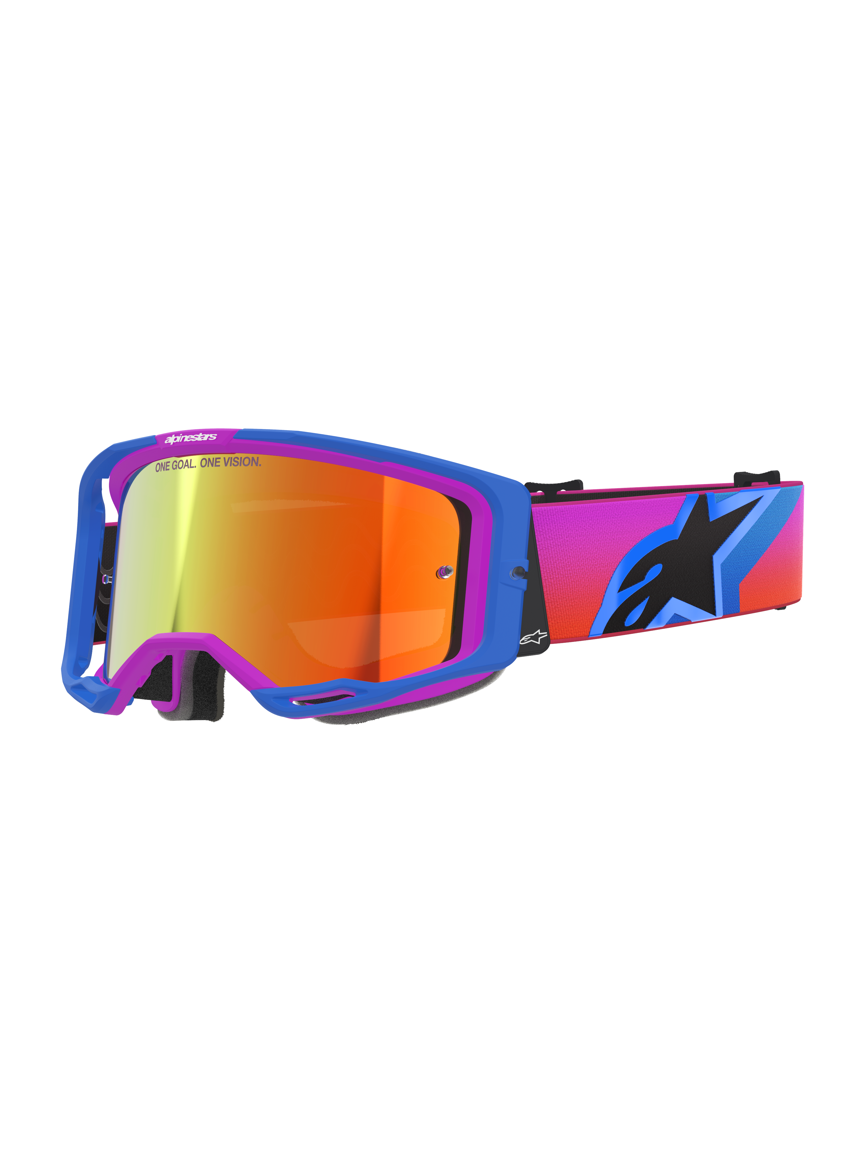 Alpinestars Vision 8 Corp Goggles, motocross goggles with a blue and purple A-FLEX frame, orange mirror lens featuring 'ONE GOAL. ONE VISION.' branding, gradient pink to orange strap with a large black star logo, high-performance off-road eye protection