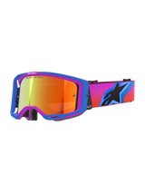 Alpinestars Vision 8 Corp Goggles, óculos de motocross, armação em azul UCLA e roxo, lente espelhada vermelha, correia com gradiente vibrante e logótipo de estrela Alpinestars, óculos profissionais para todo-o-terreno