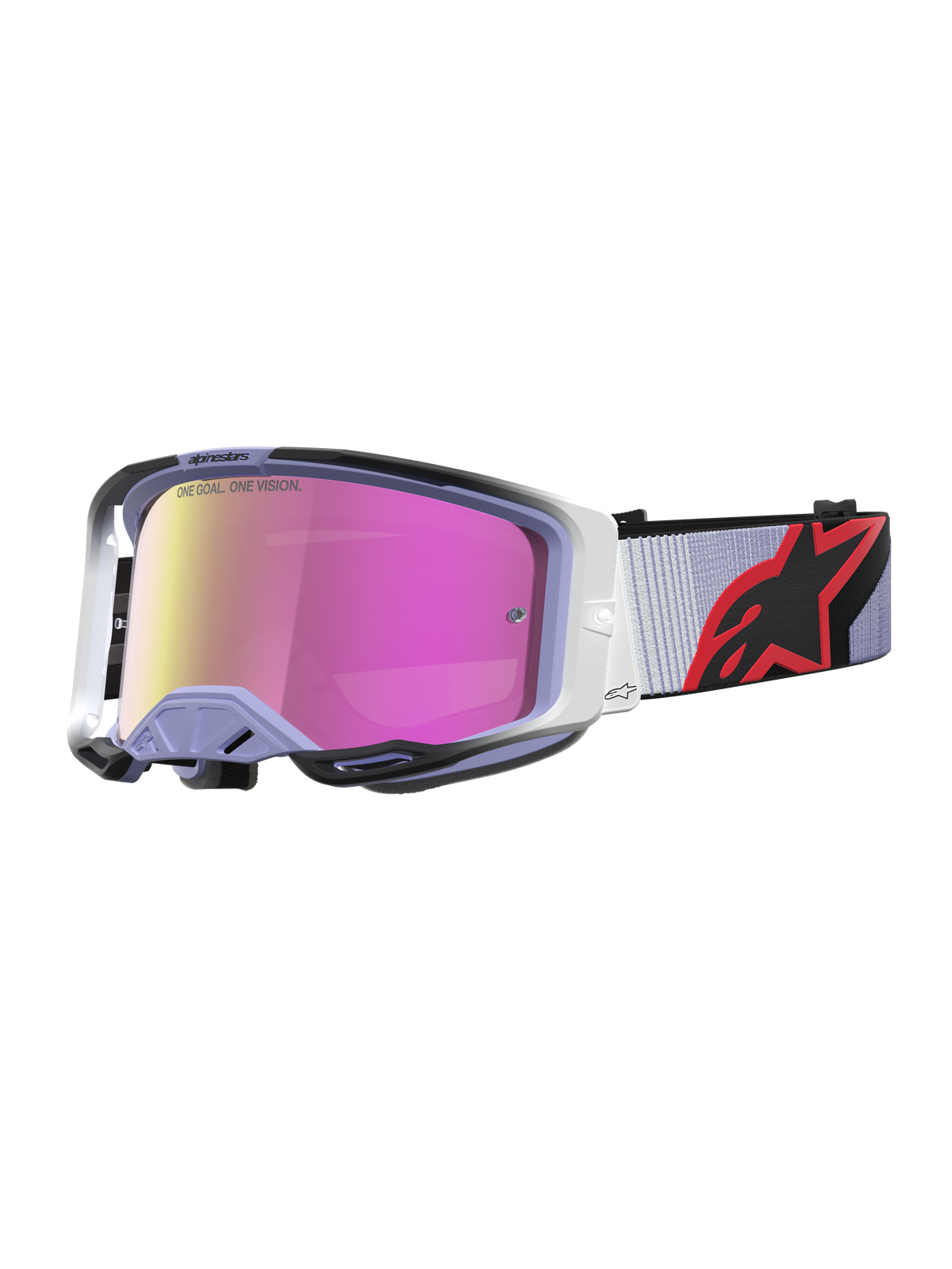 Alpinestars Vision 8 Maven, óculos de motocross em alfazema e preto, com lente espelhada cor-de-rosa antiembaciamento.