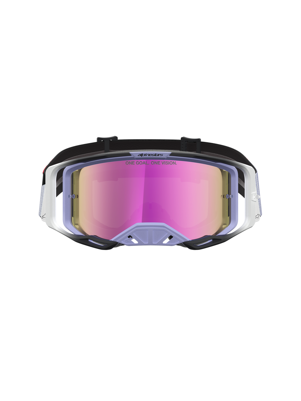 Óculos Alpinestars Vision 8 Maven, motocross, alfazema e preto, lente rosa espelhada anti-embaciamento e ventilação RAM-AIR.