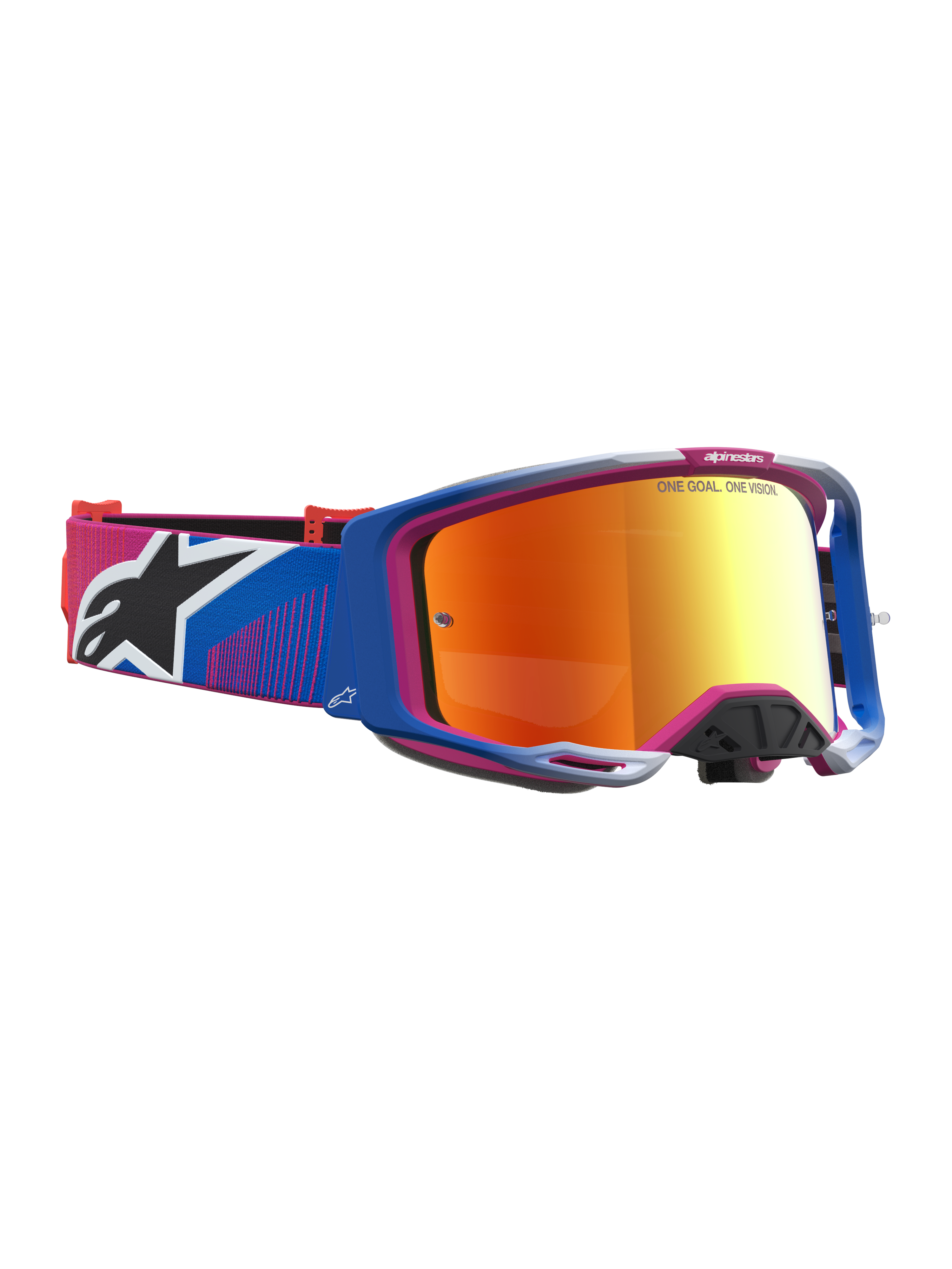 Óculos Alpinestars Vision 8 Maven, óculos de motocross com armação A-FLEX azul e rosa, lente espelhada vermelha fire red e sistema de ventilação RAM-AIR.