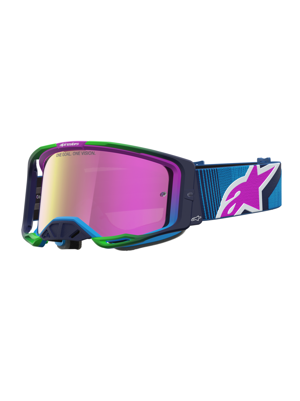 Alpinestars Vision 8 Maven, óculos de motocross azuis e verdes com lente rosa espelhada e sistema RAM-AIR.