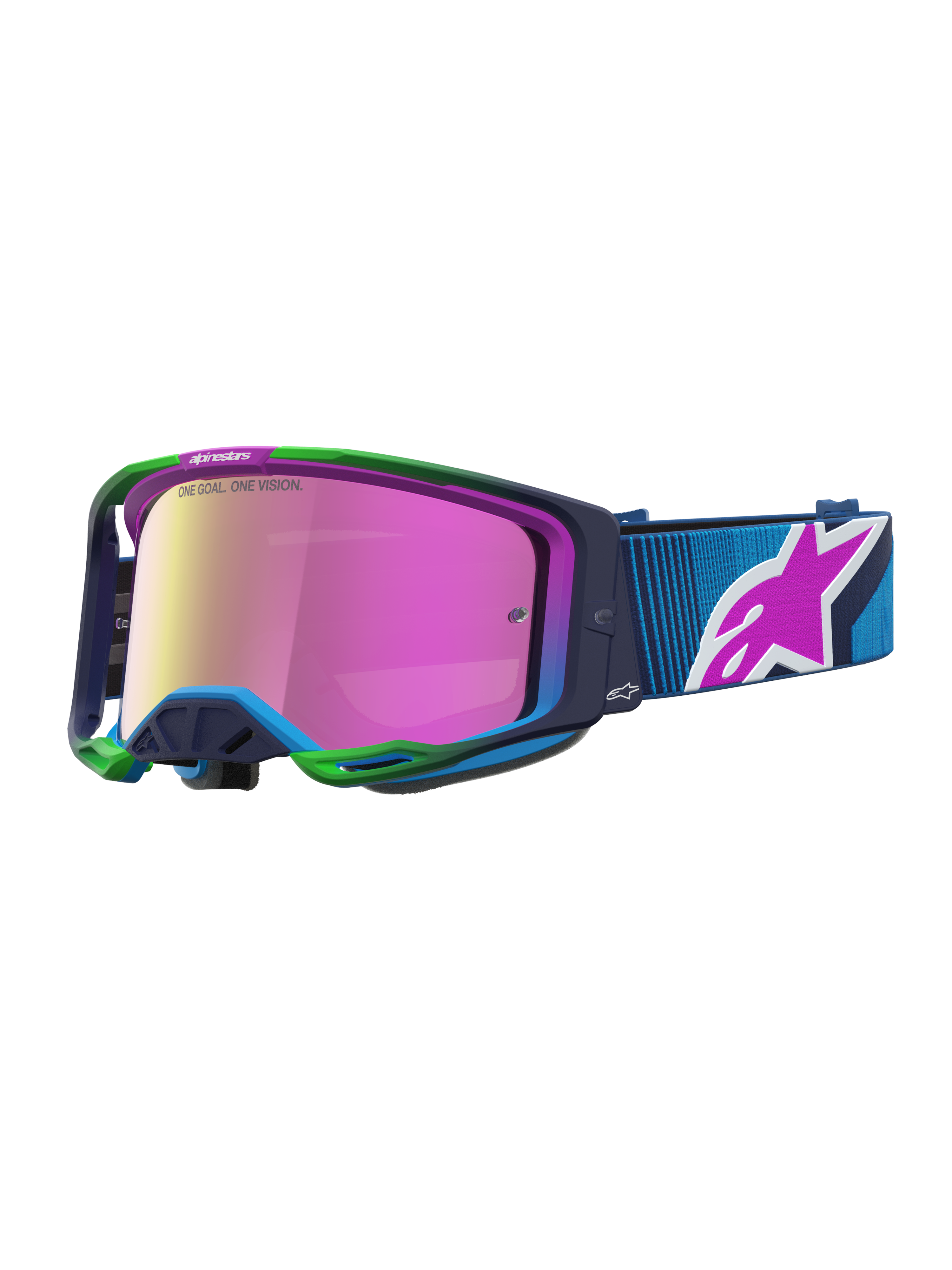 Alpinestars Vision 8 Maven, óculos de motocross azuis e verdes com lente rosa espelhada e sistema RAM-AIR.
