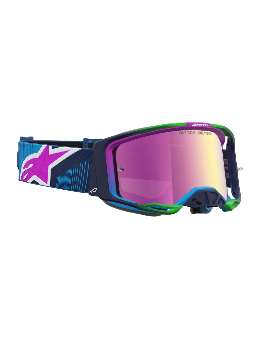 Alpinestars Vision 8 Maven, óculos de motocross com armação A-FLEX azul e verde, lente espelhada cor-de-rosa e sistema de ventilação RAM-AIR.