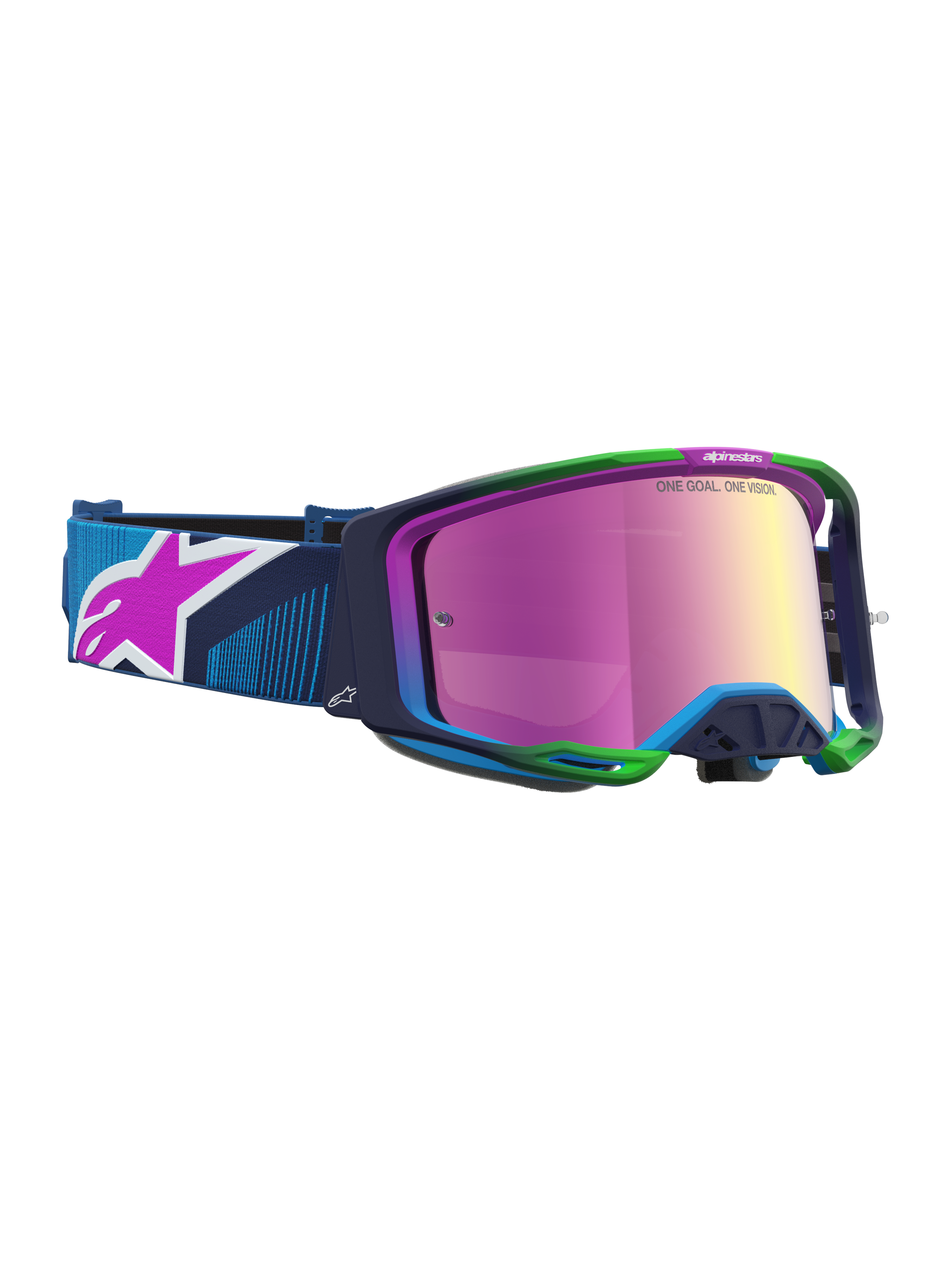 Alpinestars Vision 8 Maven, óculos de motocross com armação A-FLEX azul e verde, lente espelhada cor-de-rosa e sistema de ventilação RAM-AIR.