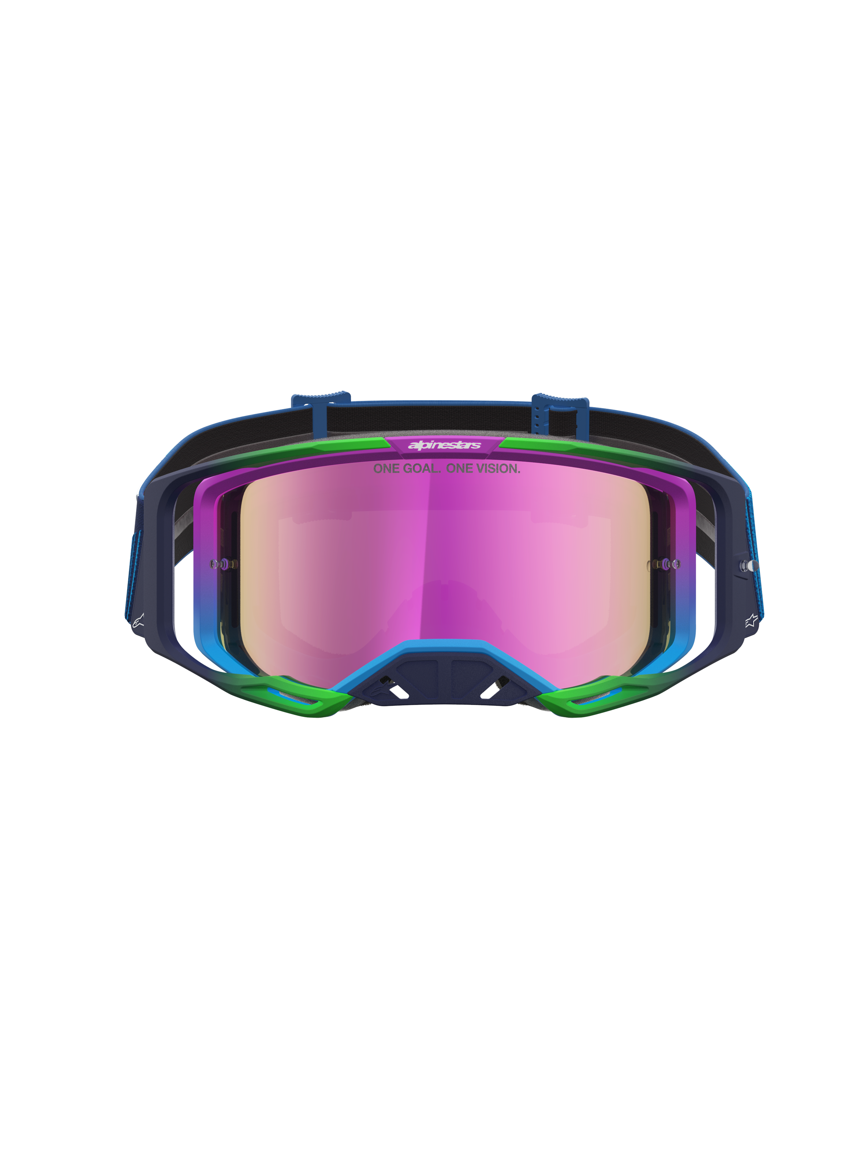 Alpinestars Vision 8 Maven, óculos de motocross para todo-o-terreno, azuis e verdes com lente espelhada rosa, armação A-FLEX e sistema de ventilação RAM-AIR
