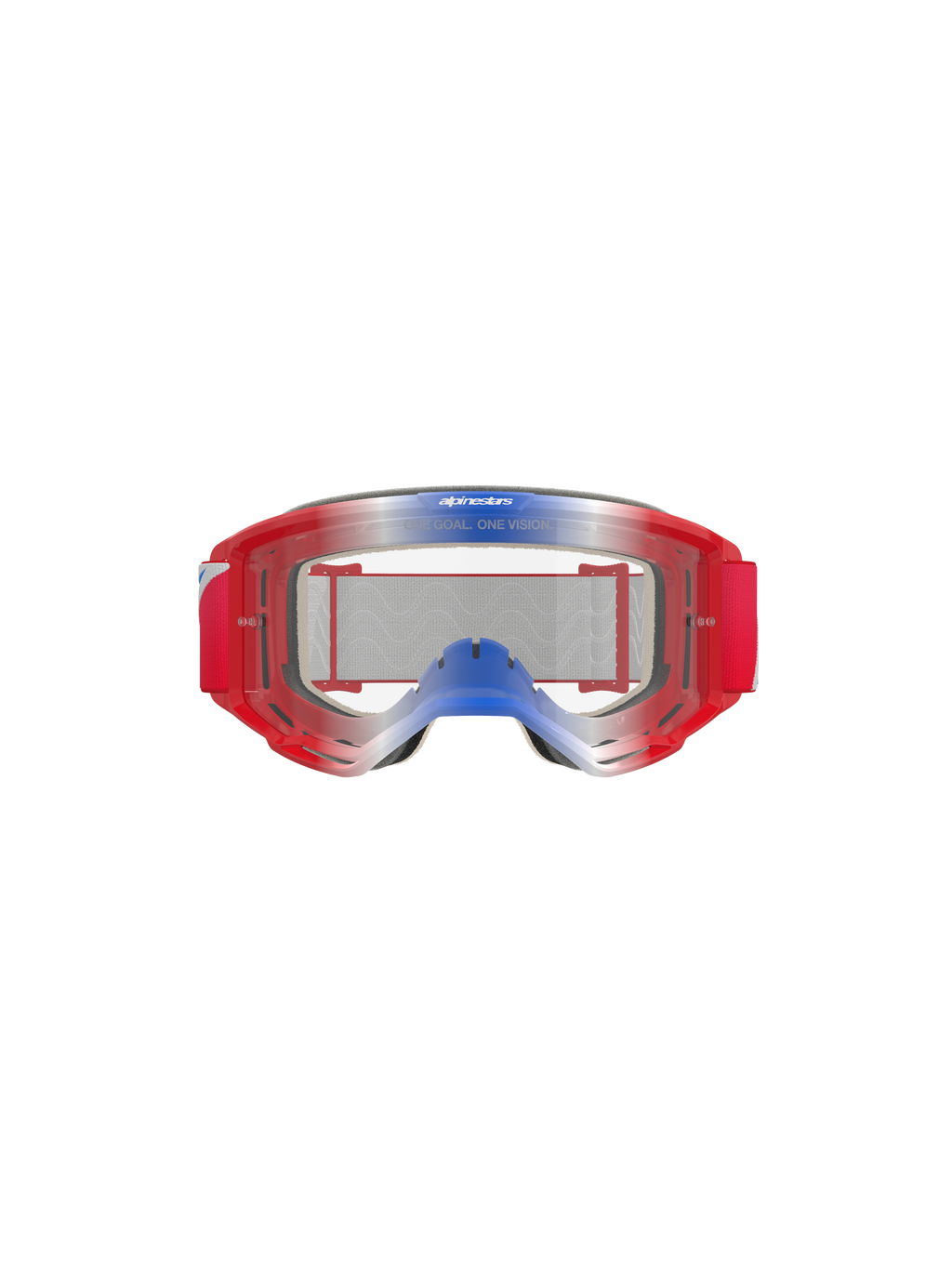 Alpinestars Vision 5 Corp Goggles, óculos de motocross, vermelho, branco e azul com lente transparente, armação vermelha com detalhes em degradê azul e branco, fita tecida vermelha, apresenta a marca 'ONE GOAL. ONE VISION.' na lente, proteção ocular durável para corridas todo-o-terreno