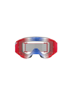 Alpinestars Vision 5 Corp Goggles, óculos de motocross, vermelho, branco e azul com lente transparente, armação vermelha com detalhes em degradê azul e branco, fita tecida vermelha, apresenta a marca 'ONE GOAL. ONE VISION.' na lente, proteção ocular durável para corridas todo-o-terreno