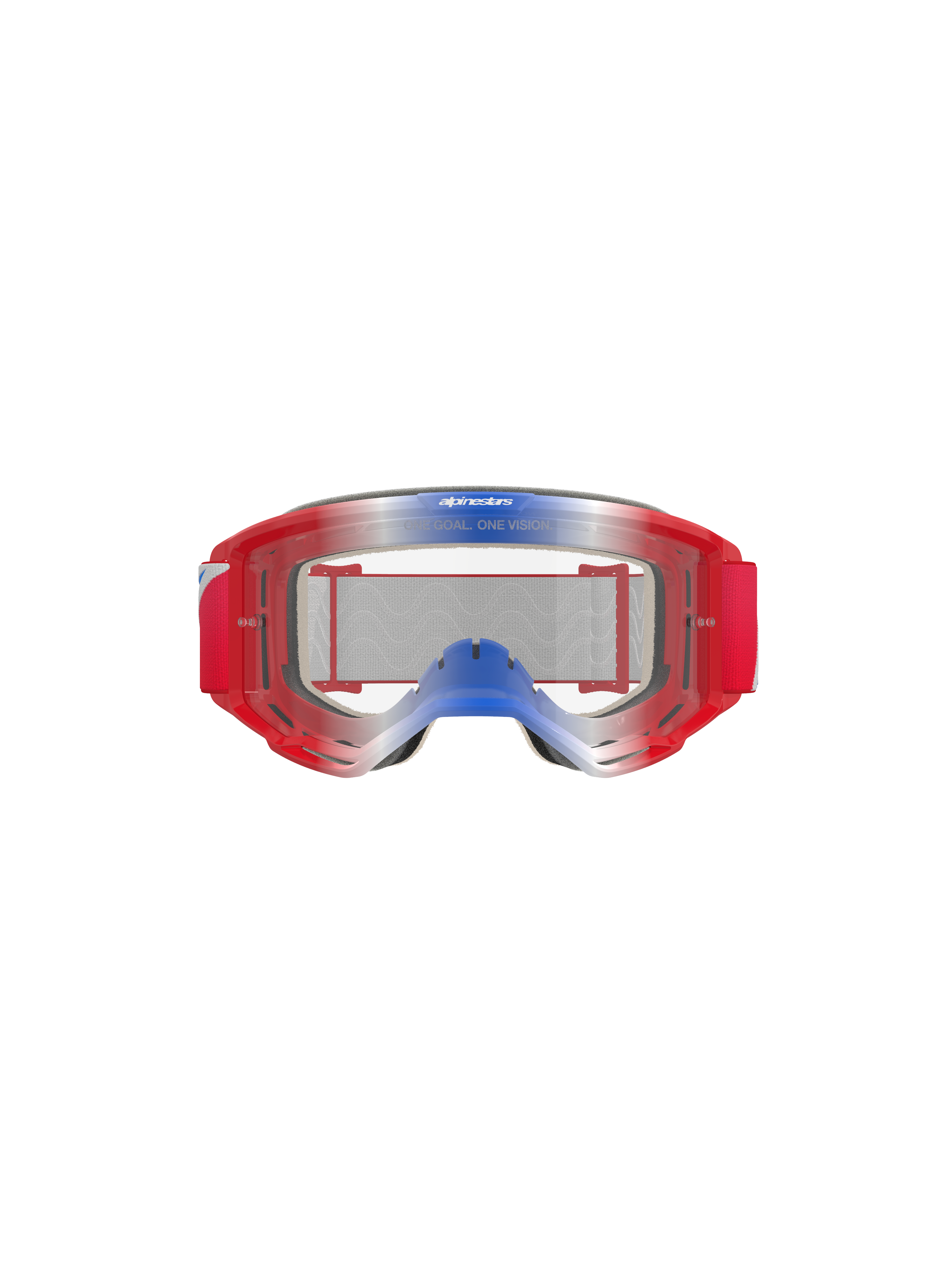 Alpinestars Vision 5 Corp Goggles, óculos de motocross, vermelho, branco e azul com lente transparente, armação vermelha com detalhes em degradê azul e branco, fita tecida vermelha, apresenta a marca 'ONE GOAL. ONE VISION.' na lente, proteção ocular durável para corridas todo-o-terreno