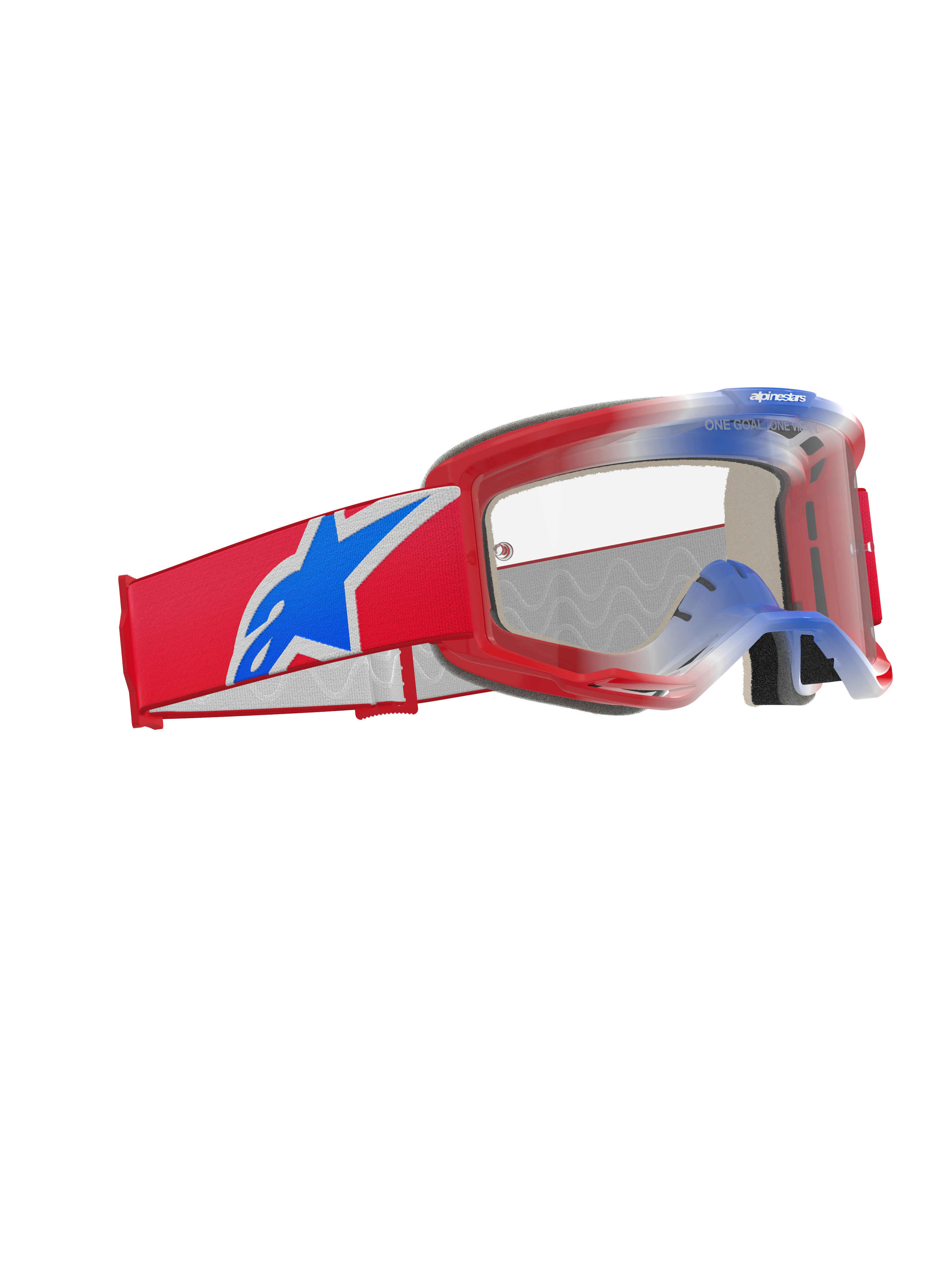Alpinestars Vision 5 Corp Goggles, óculos de motocross, vermelhos, brancos e azuis com lente transparente, com uma fita tecida larga vermelha com um logótipo da estrela Alpinestars grande em azul, armação A-FLEX leve em vermelho e proteção ocular de alto desempenho para corridas fora de estrada
