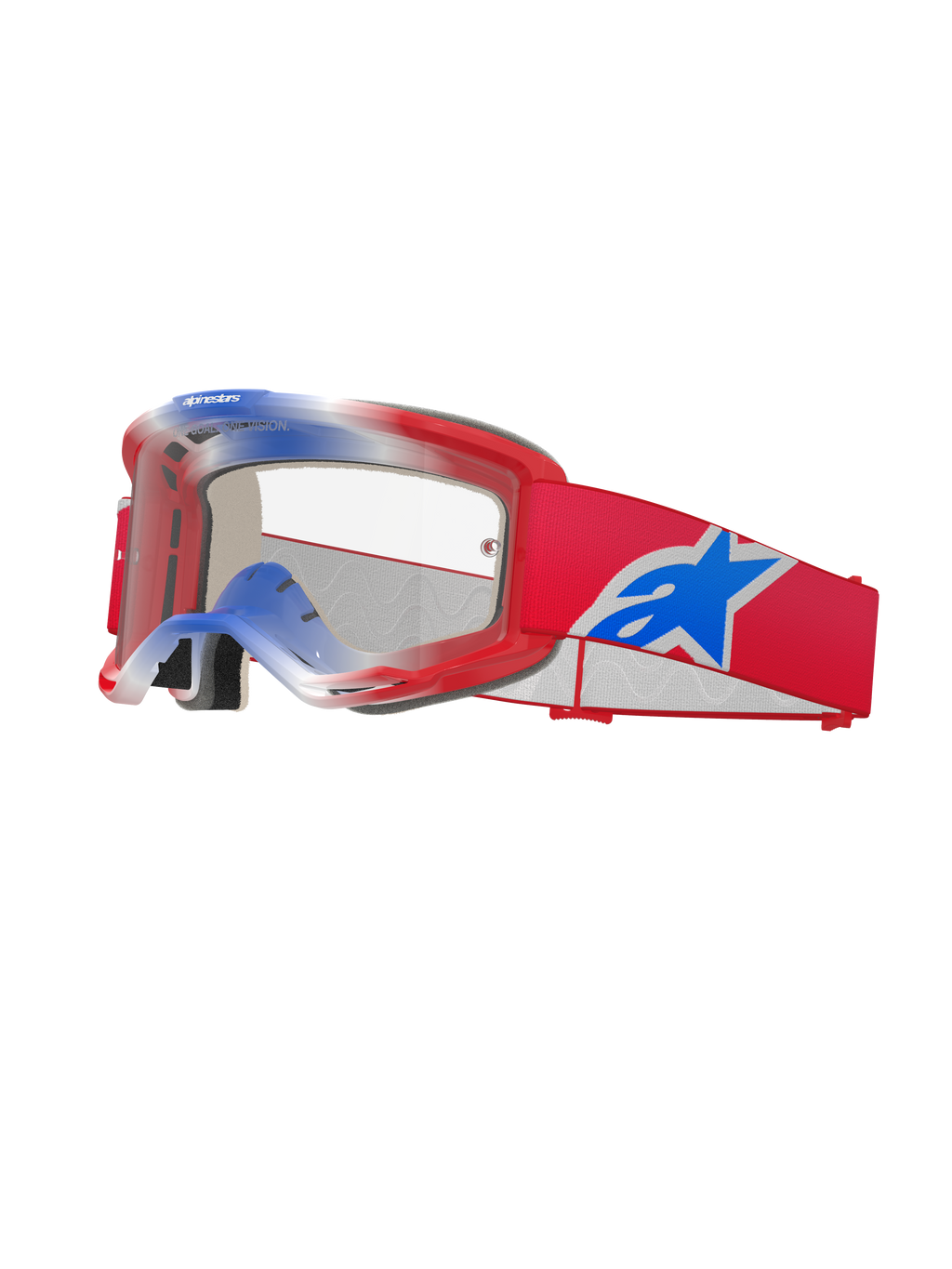 Óculos Alpinestars Vision 5 Corp, óculos de motocross, vermelhos, brancos e azuis, lente transparente, armação vermelha com pormenores superiores em gradiente azul e branco, fita vermelha com um logótipo de estrela da Alpinestars grande em azul e branco, almofadado de espuma multicamada, proteção ocular de alta performance para competição