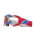 Óculos Alpinestars Vision 5 Corp, óculos de motocross, vermelhos, brancos e azuis, lente transparente, armação vermelha com pormenores superiores em gradiente azul e branco, fita vermelha com um logótipo de estrela da Alpinestars grande em azul e branco, almofadado de espuma multicamada, proteção ocular de alta performance para competição
