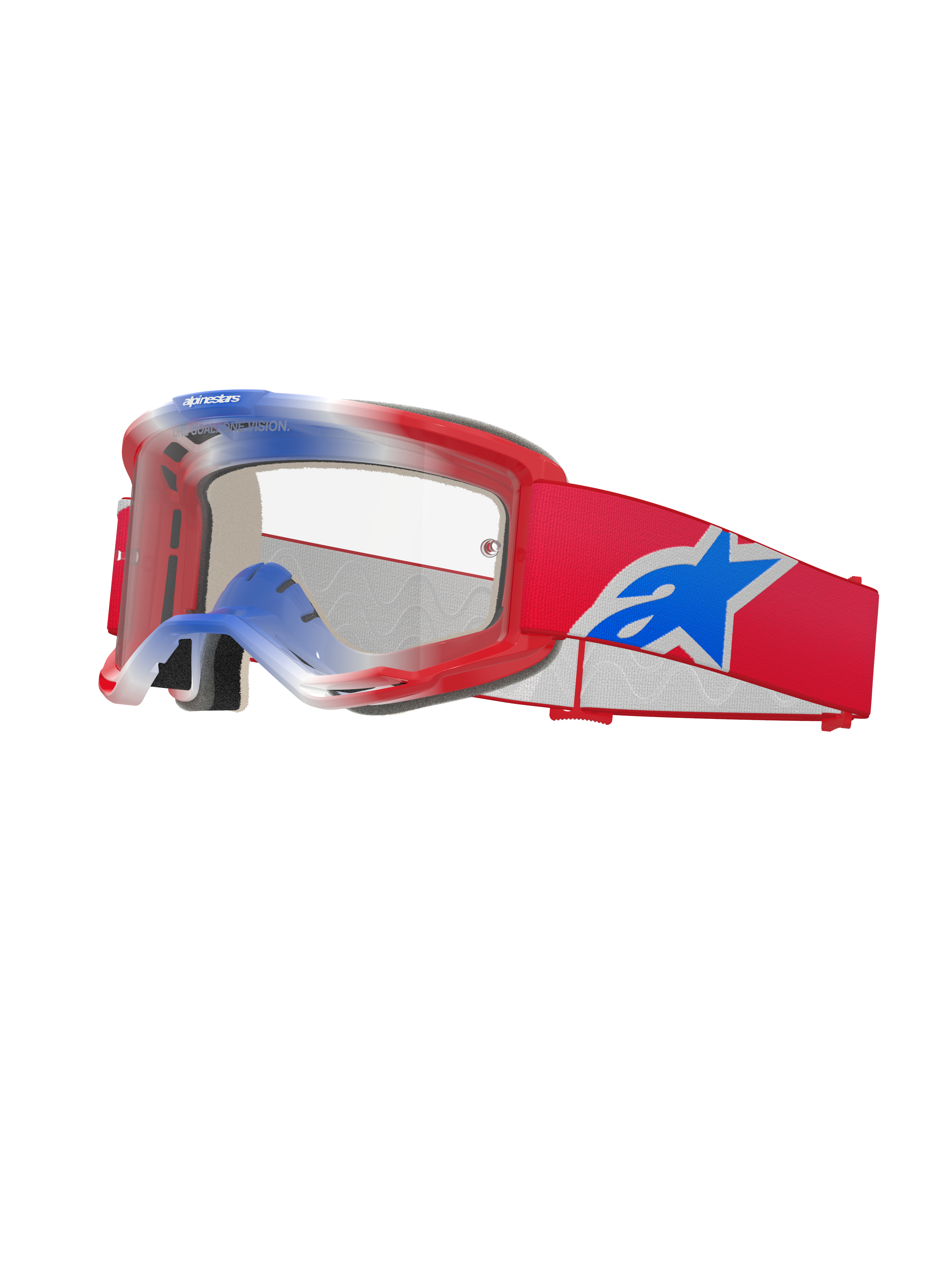 Óculos Alpinestars Vision 5 Corp, óculos de motocross, vermelhos, brancos e azuis, lente transparente, armação vermelha com pormenores superiores em gradiente azul e branco, fita vermelha com um logótipo de estrela da Alpinestars grande em azul e branco, almofadado de espuma multicamada, proteção ocular de alta performance para competição