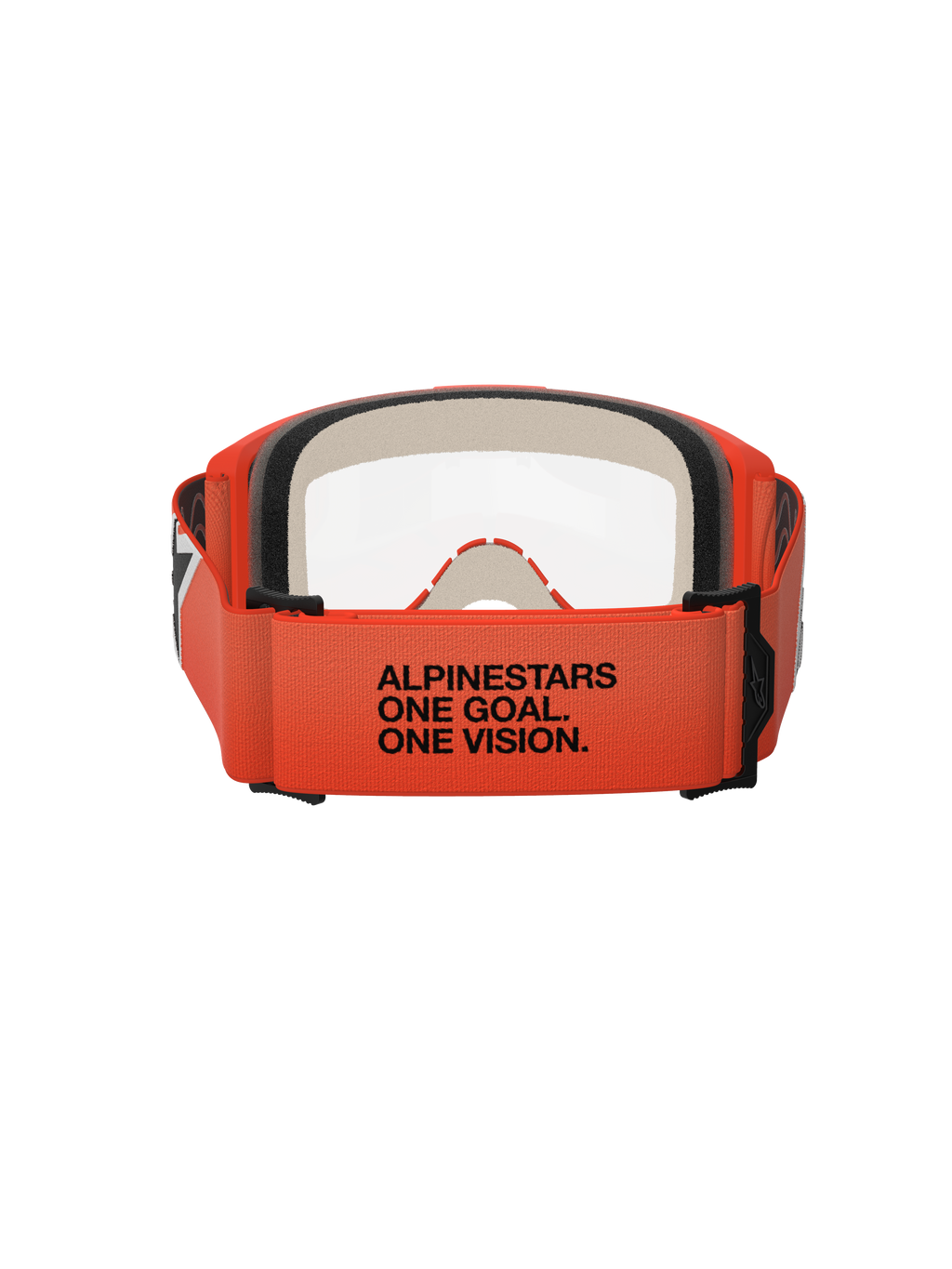 Alpinestars Vision 5 Corp Goggles, vista traseira, tira cor de laranja com texto preto 'ALPINESTARS ONE GOAL. ONE VISION.', armação cor de laranja e lente transparente, proteção ocular de motocross