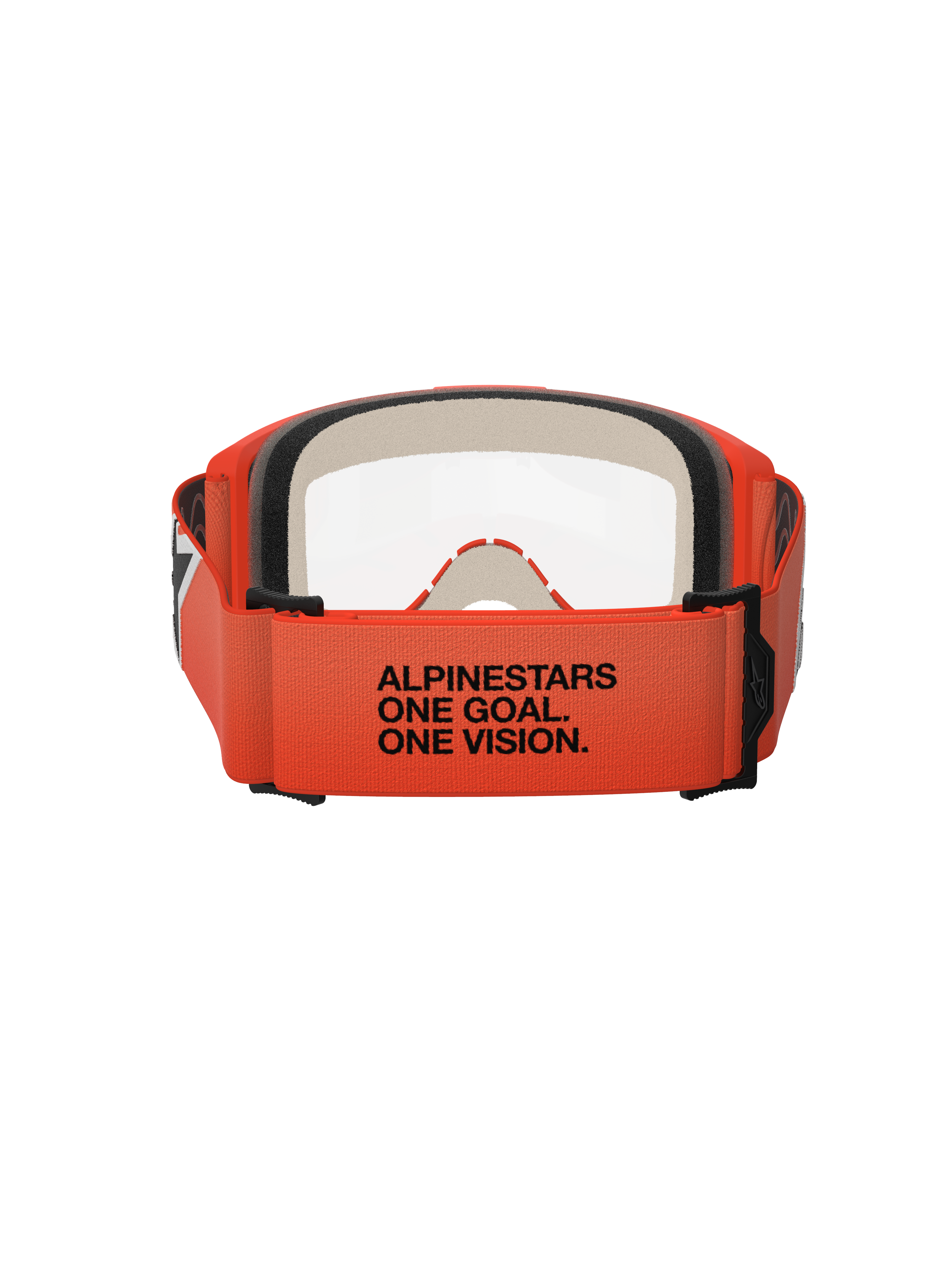 Alpinestars Vision 5 Corp Goggles, vista traseira, tira cor de laranja com texto preto 'ALPINESTARS ONE GOAL. ONE VISION.', armação cor de laranja e lente transparente, proteção ocular de motocross