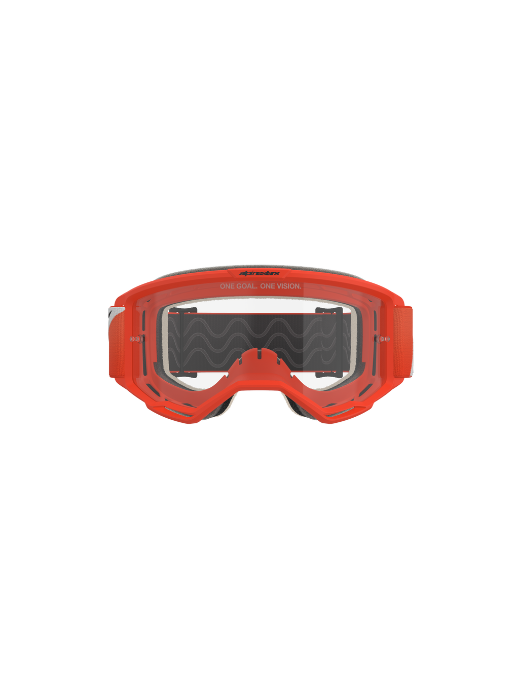 Óculos Alpinestars Vision 5 Corp, óculos de motocross, laranja com lente transparente, vista frontal com armação laranja vibrante, lente transparente anti-embaciamento com a inscrição 'One Goal. One Vision', espuma facial cinzenta e fita preta com tração de silicone ondulada