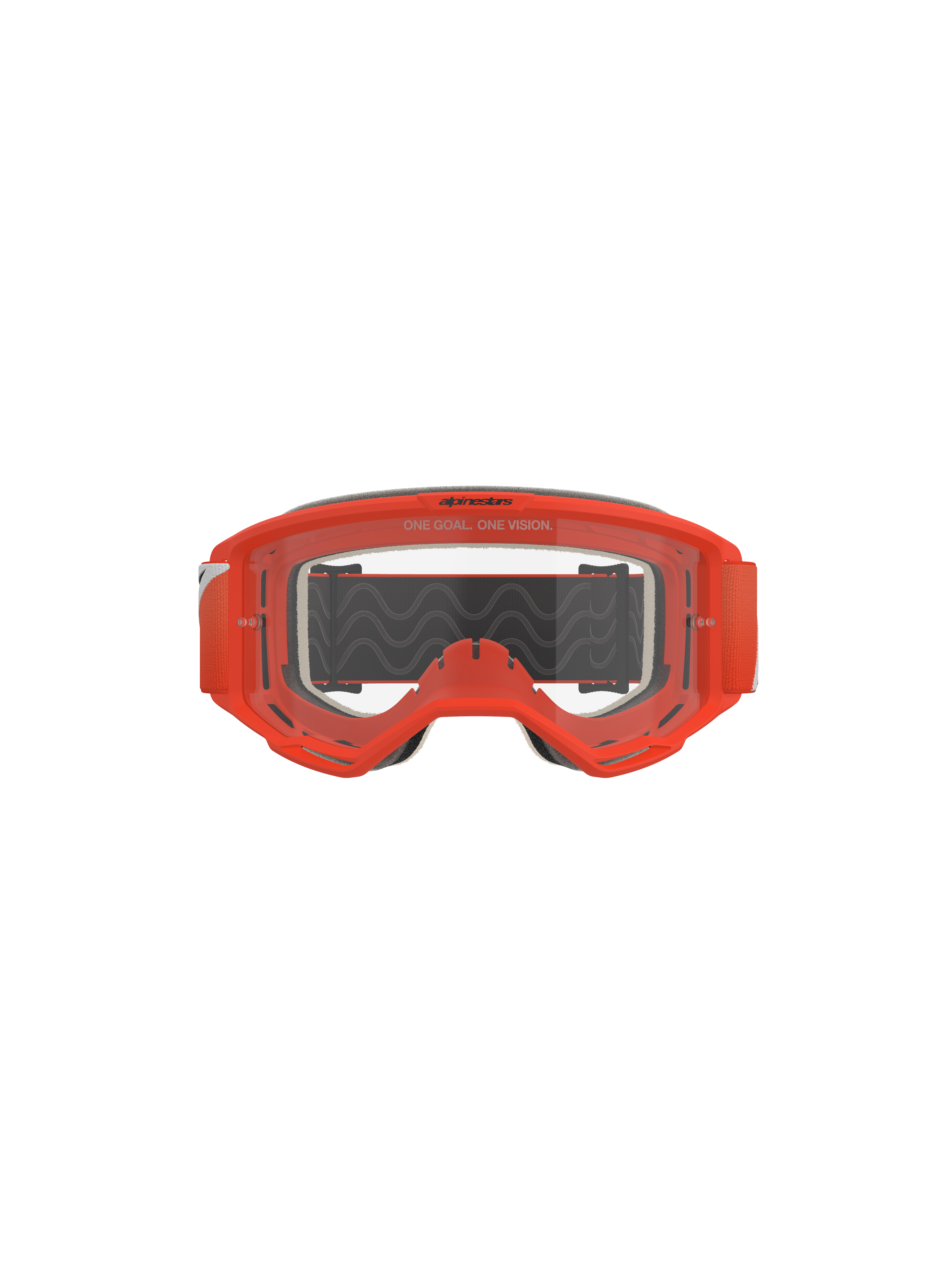 Óculos Alpinestars Vision 5 Corp, óculos de motocross, laranja com lente transparente, vista frontal com armação laranja vibrante, lente transparente anti-embaciamento com a inscrição 'One Goal. One Vision', espuma facial cinzenta e fita preta com tração de silicone ondulada
