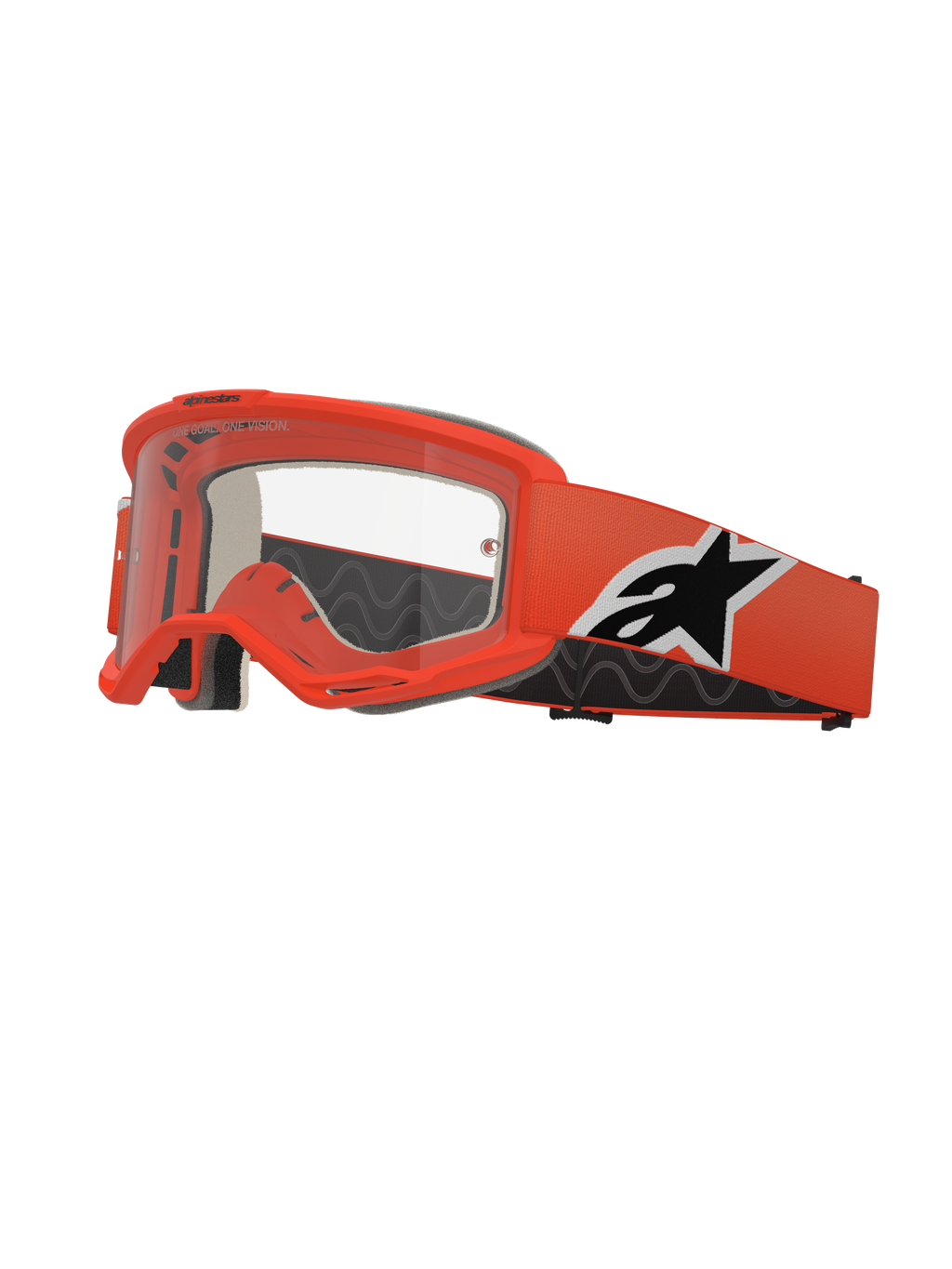 Alpinestars Vision 5 Corp Goggles, óculos de motocross, cor de laranja vibrante, lente transparente, fita laranja com logótipo Alpinestars em preto e branco, espuma facial preta espessa, ranhuras de ventilação RAM-AIR, design aerodinâmico para corridas todo-o-terreno