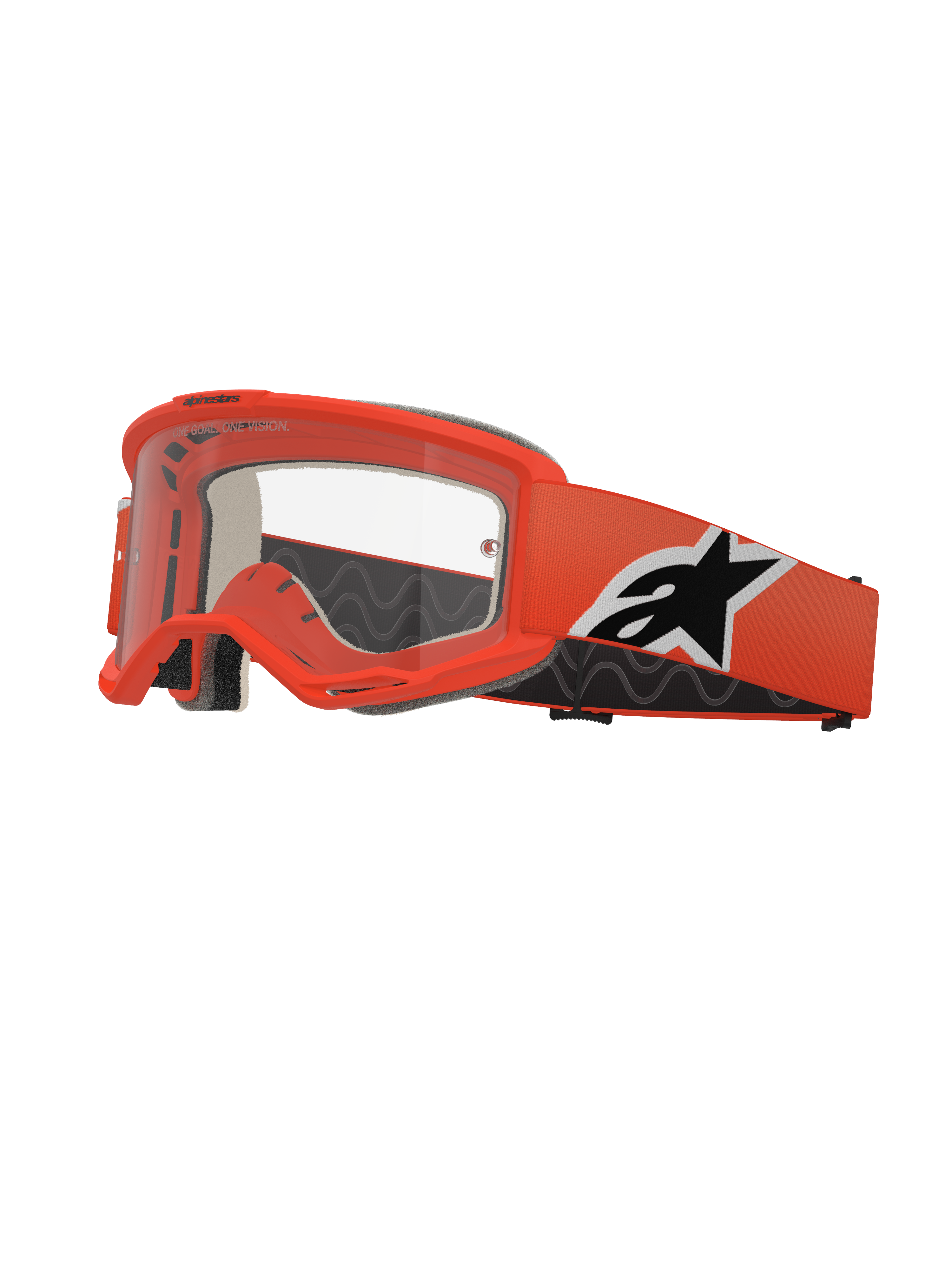 Alpinestars Vision 5 Corp Goggles, óculos de motocross, cor de laranja vibrante, lente transparente, fita laranja com logótipo Alpinestars em preto e branco, espuma facial preta espessa, ranhuras de ventilação RAM-AIR, design aerodinâmico para corridas todo-o-terreno