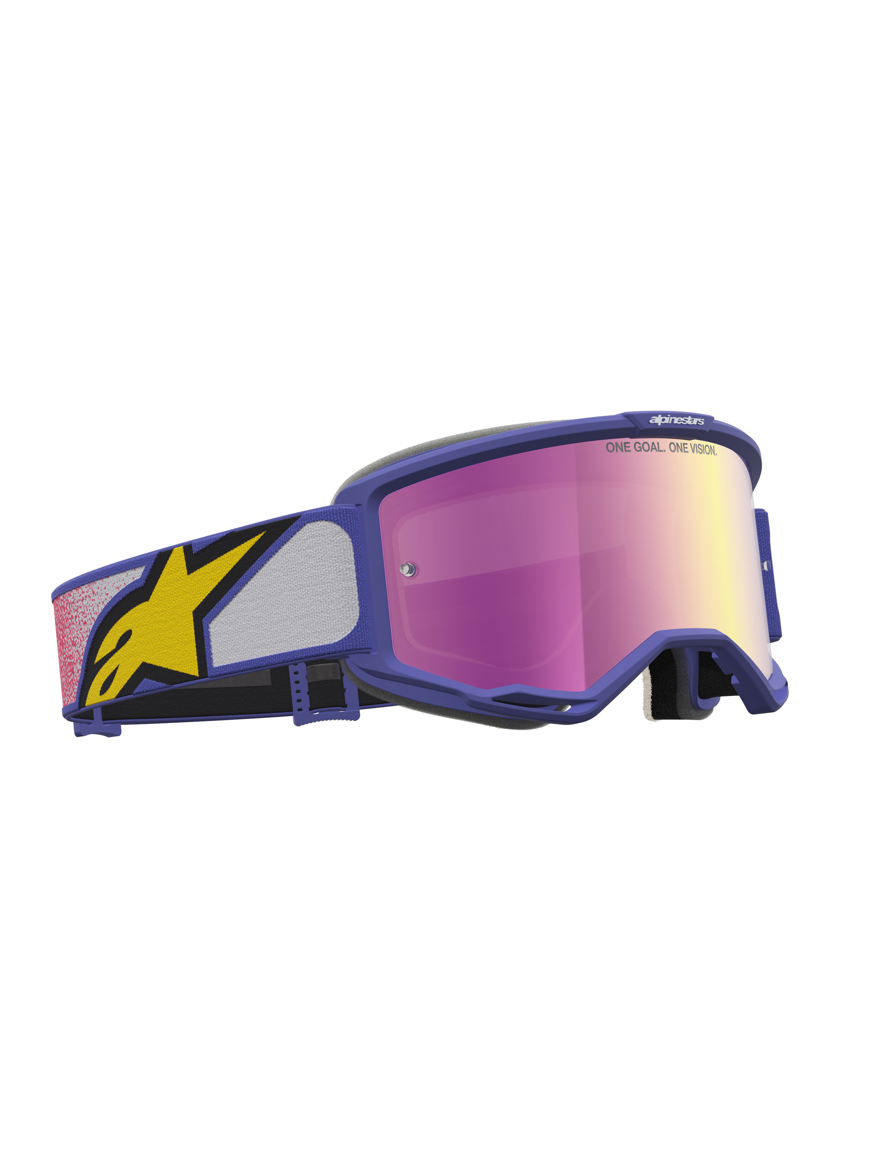 Alpinestars Vision 5 Drag, óculos de motocross, roxo e lente rosa espelhada, estrutura A-FLEX e ventilação RAM-AIR