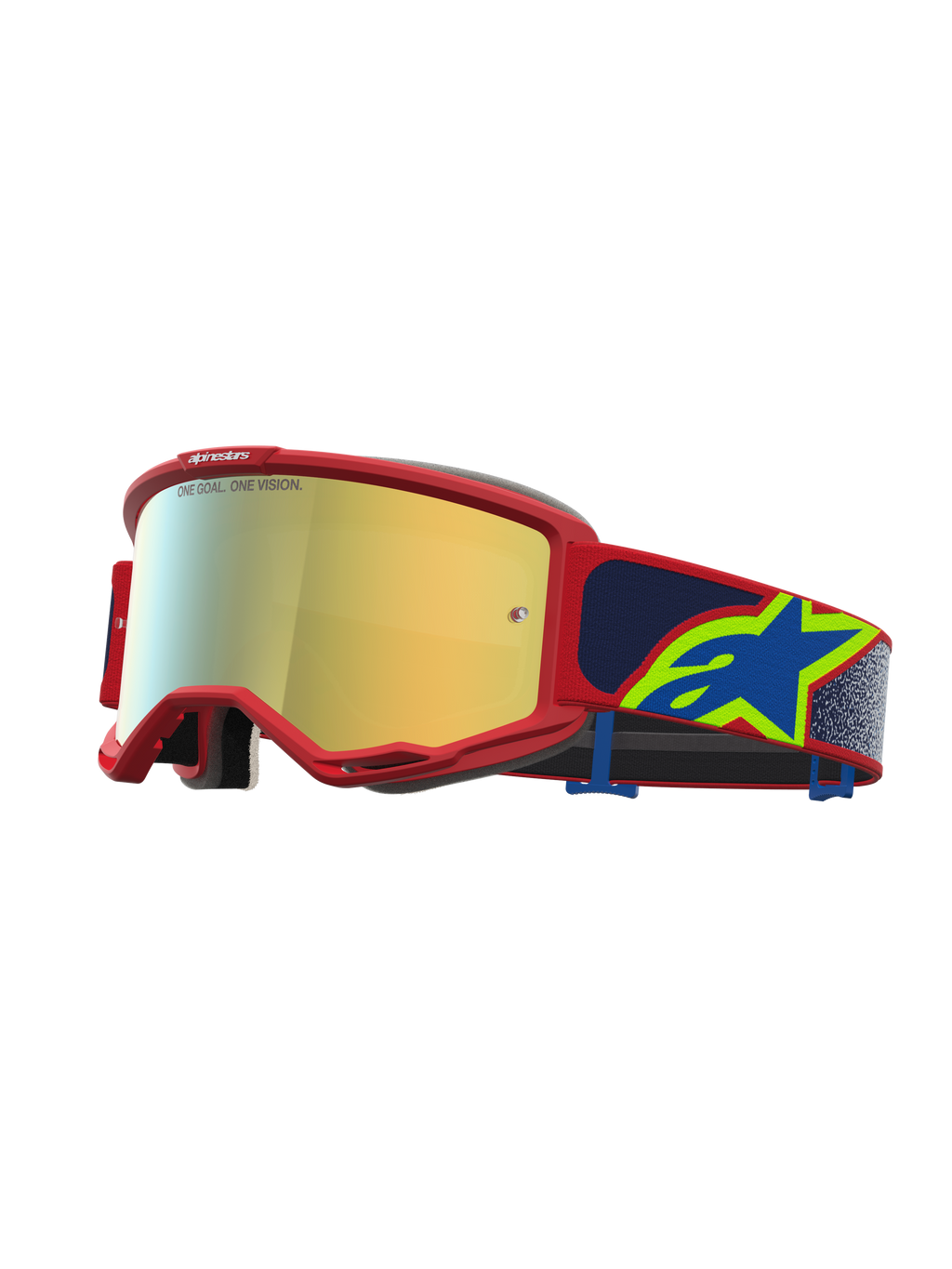 Alpinestars óculos Vision 5 Drag, óculos de motocross para todo-o-terreno, vermelhos com lente dourada espelhada e correia azul com logótipo Astars.