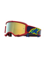 Alpinestars óculos Vision 5 Drag, óculos de motocross para todo-o-terreno, vermelhos com lente dourada espelhada e correia azul com logótipo Astars.