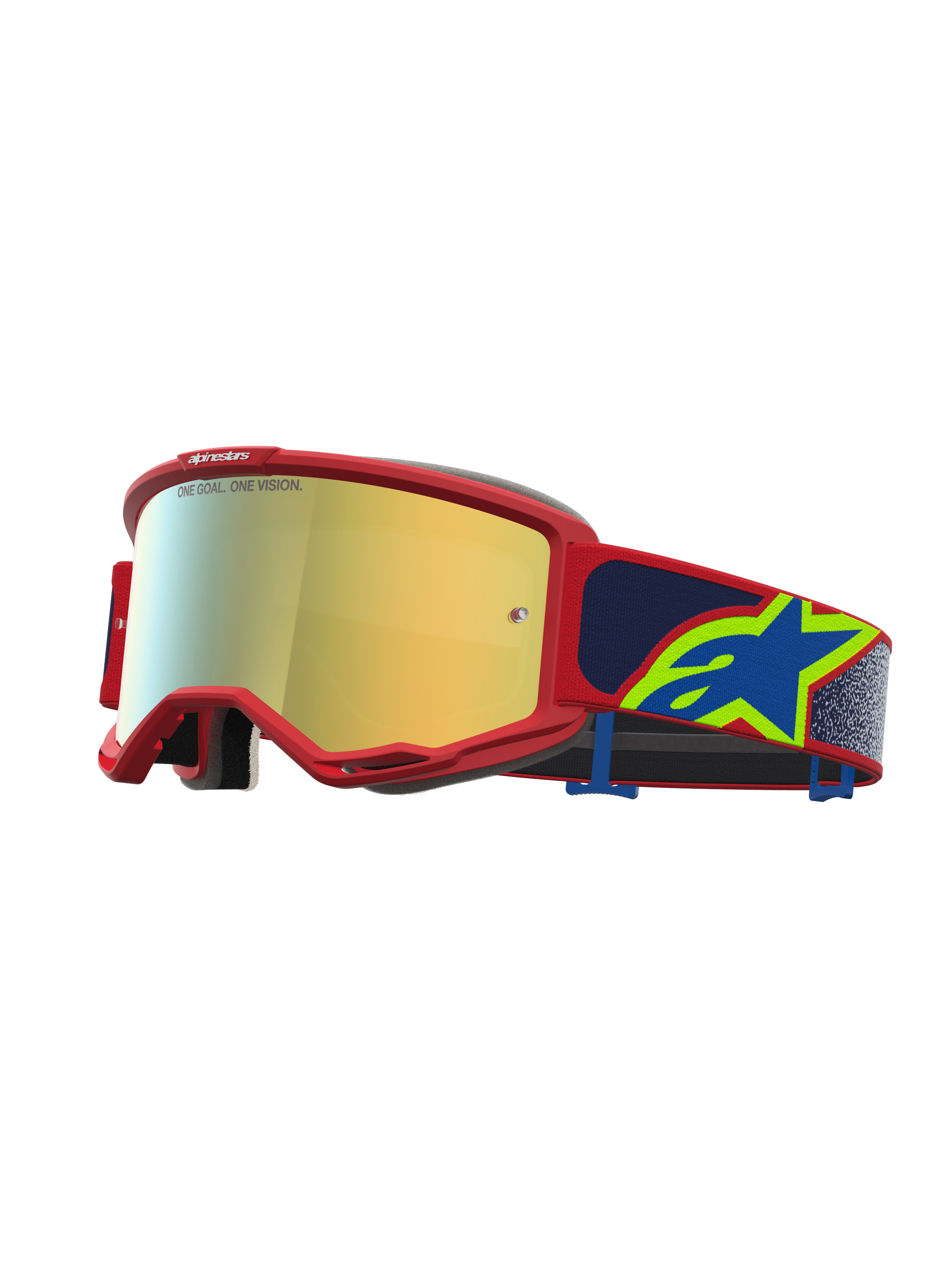 Alpinestars óculos Vision 5 Drag, óculos de motocross para todo-o-terreno, vermelhos com lente dourada espelhada e correia azul com logótipo Astars.