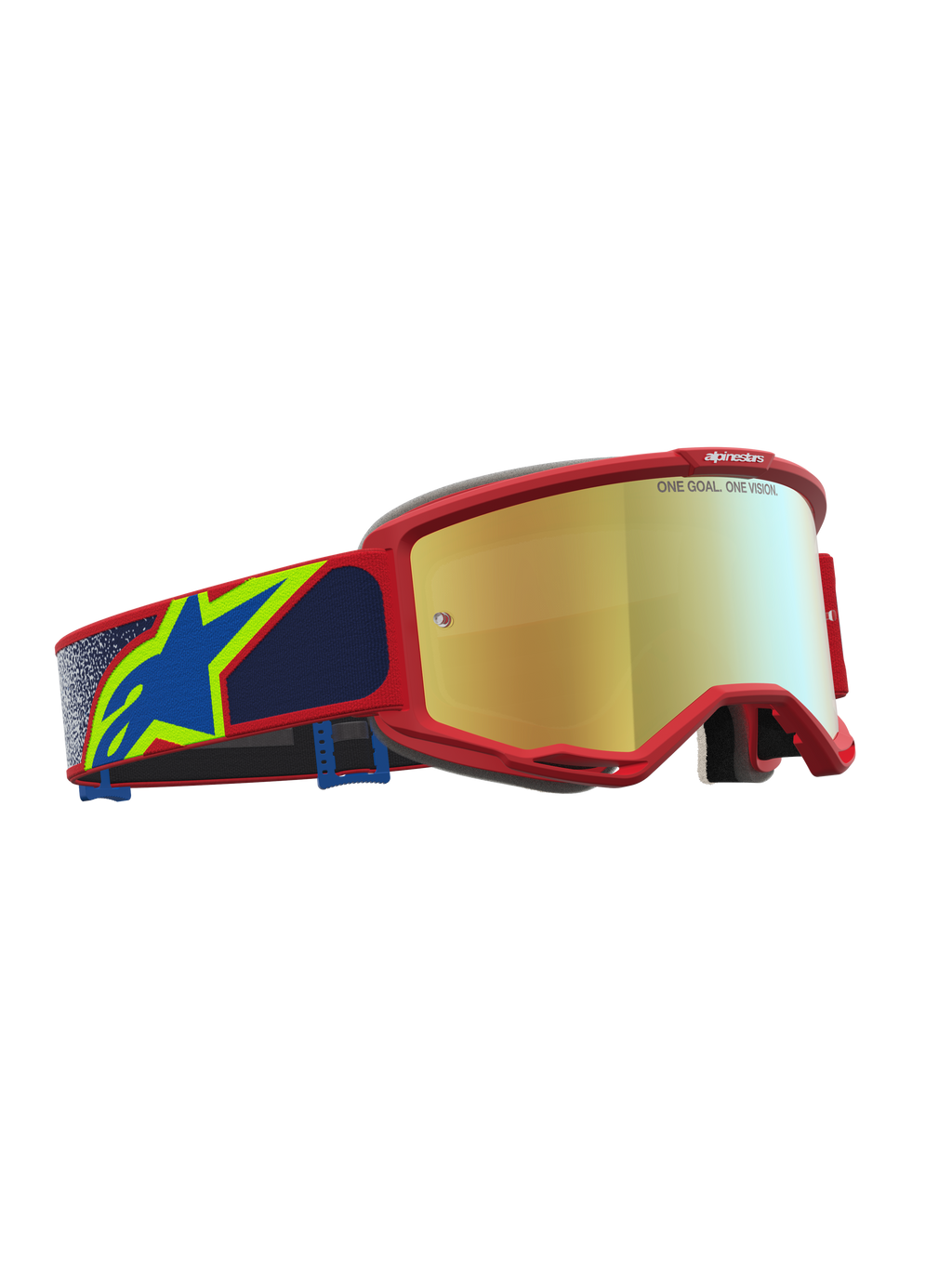 Alpinestars Vision 5 Drag, óculos de motocross vermelhos e azuis com lente dourada espelhada e armação em uretano A-FLEX.
