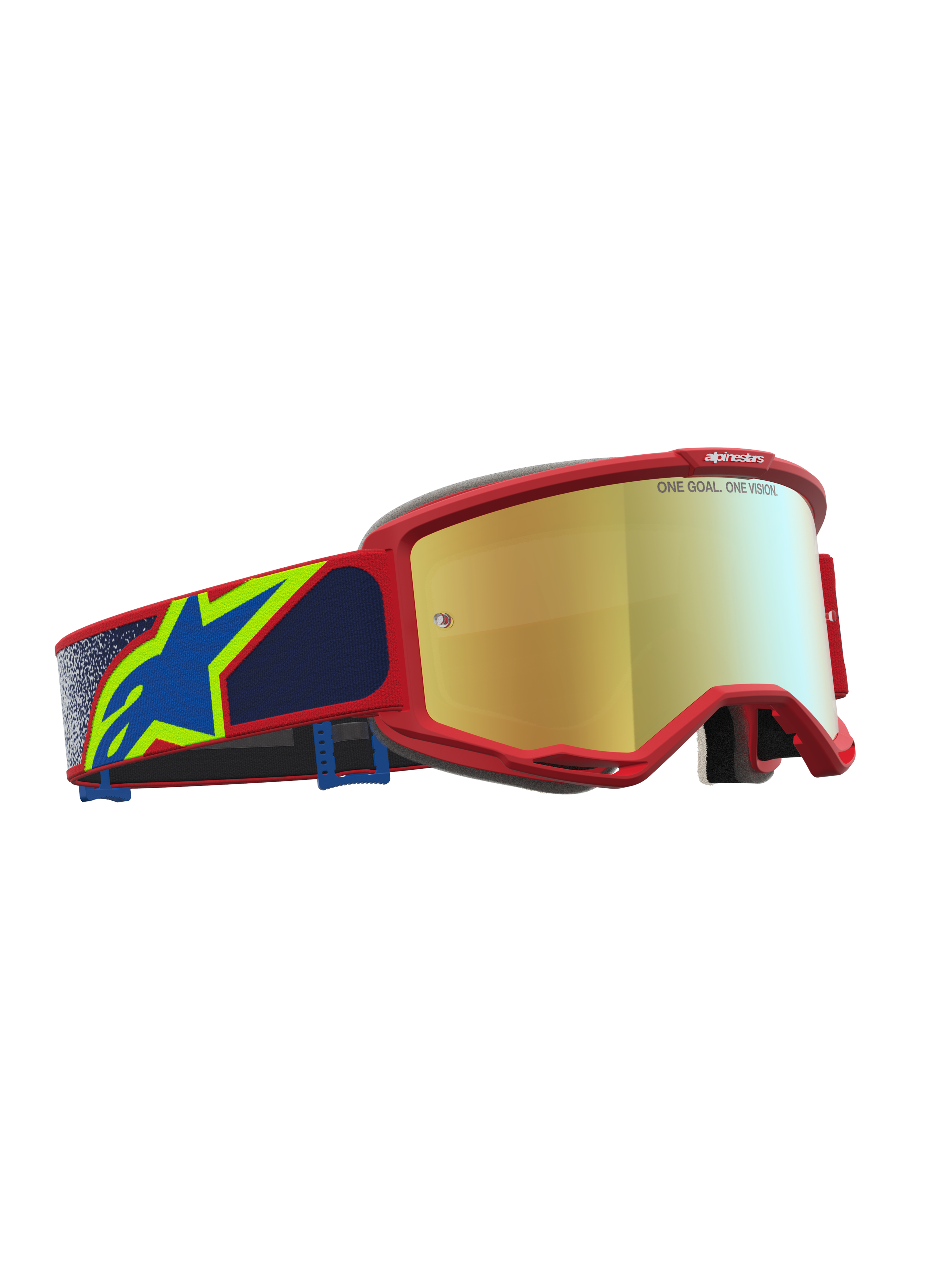 Alpinestars Vision 5 Drag, óculos de motocross vermelhos e azuis com lente dourada espelhada e armação em uretano A-FLEX.