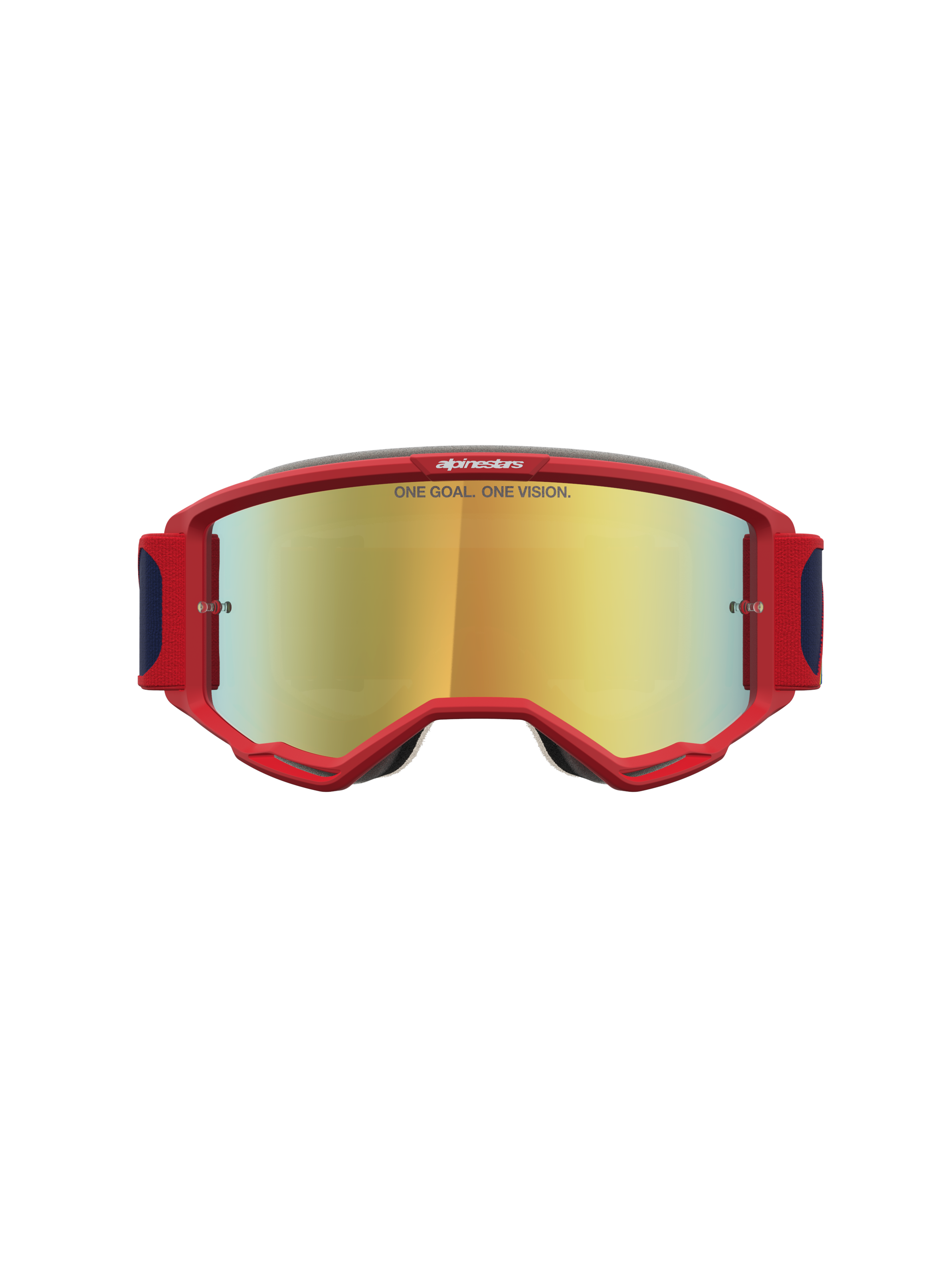 Alpinestars Vision 5 Drag, óculos de motocross vermelhos com lente espelhada dourada, armação A-FLEX e ventilação RAM-AIR.
