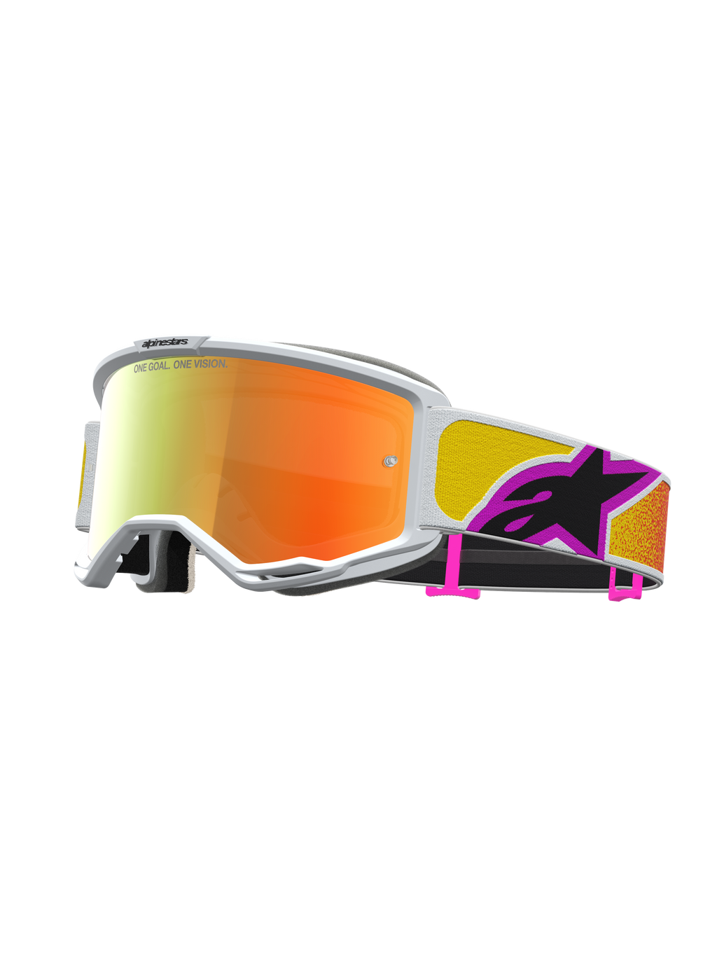 Alpinestars Vision 5 Drag, óculos de motocross off-road, lente espelhada laranja e armação branca, com ventilação RAM-AIR e estrutura A-FLEX.