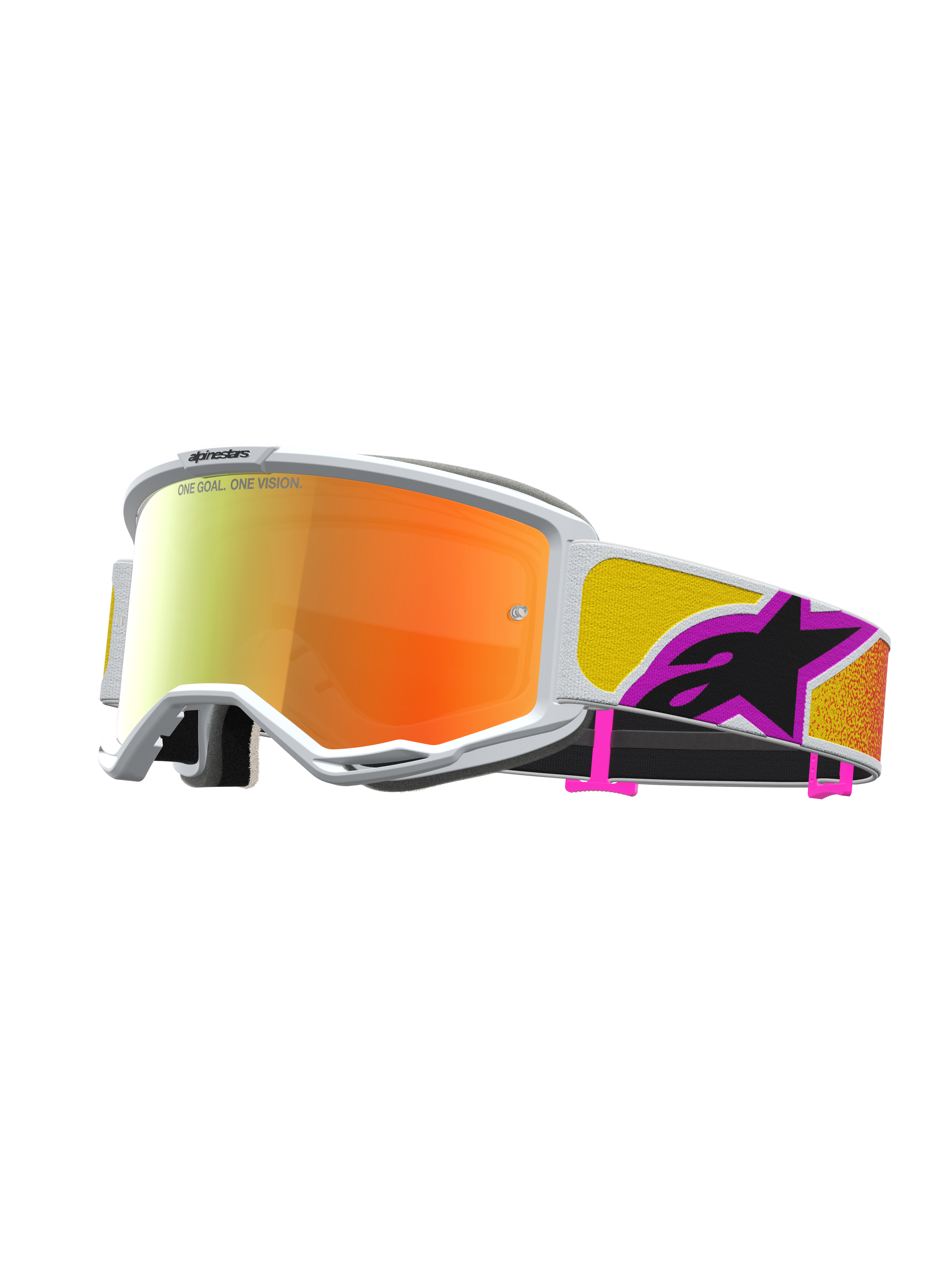 Alpinestars Vision 5 Drag, óculos de motocross off-road, lente espelhada laranja e armação branca, com ventilação RAM-AIR e estrutura A-FLEX.