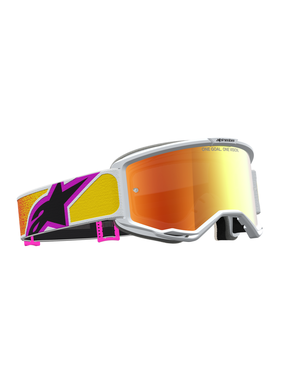 Alpinestars Vision 5 Drag, óculos de motocross, armação branca, lente espelhada laranja e vermelha, construção A-FLEX.