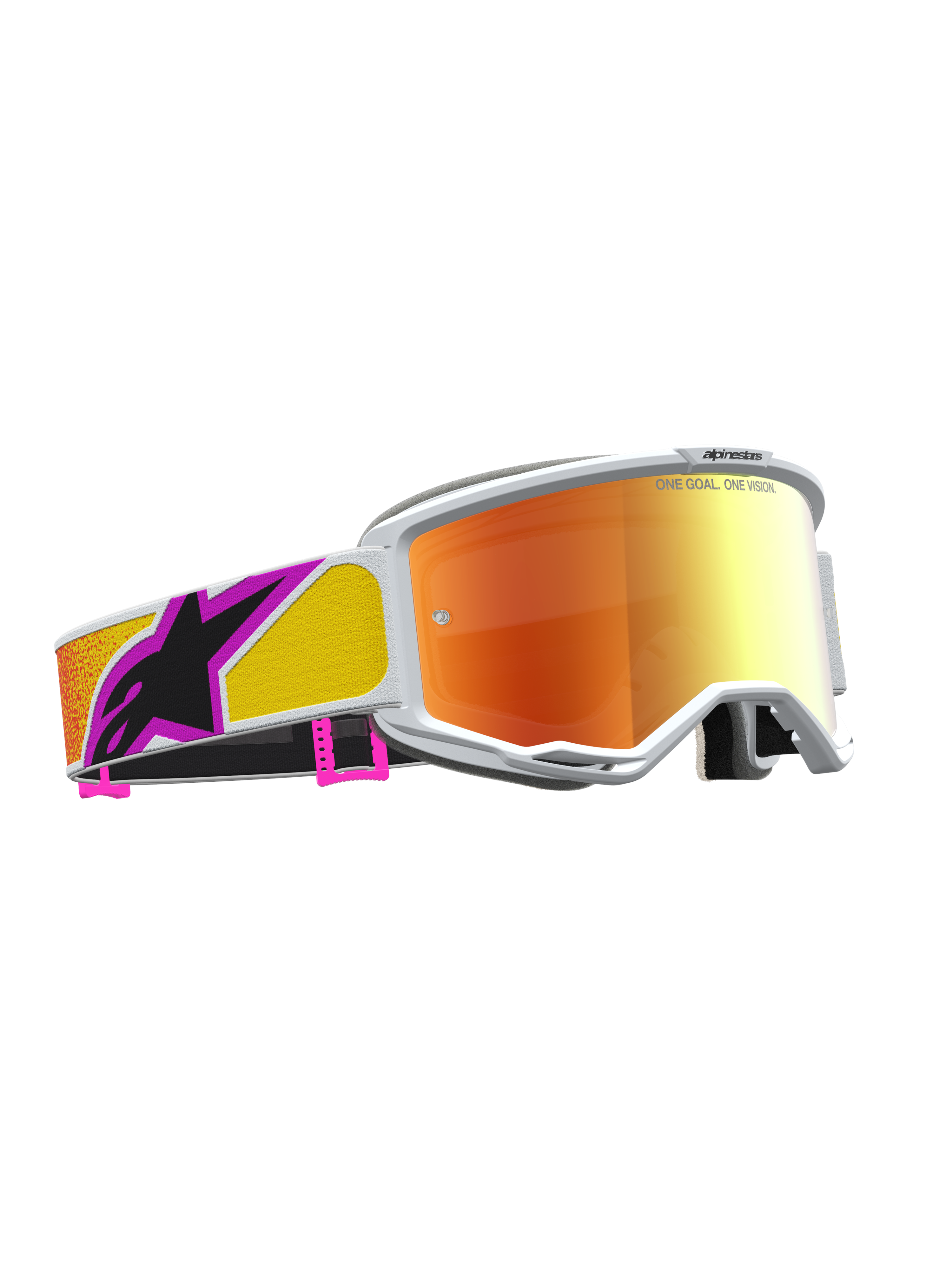 Alpinestars Vision 5 Drag, óculos de motocross, armação branca, lente espelhada laranja e vermelha, construção A-FLEX.