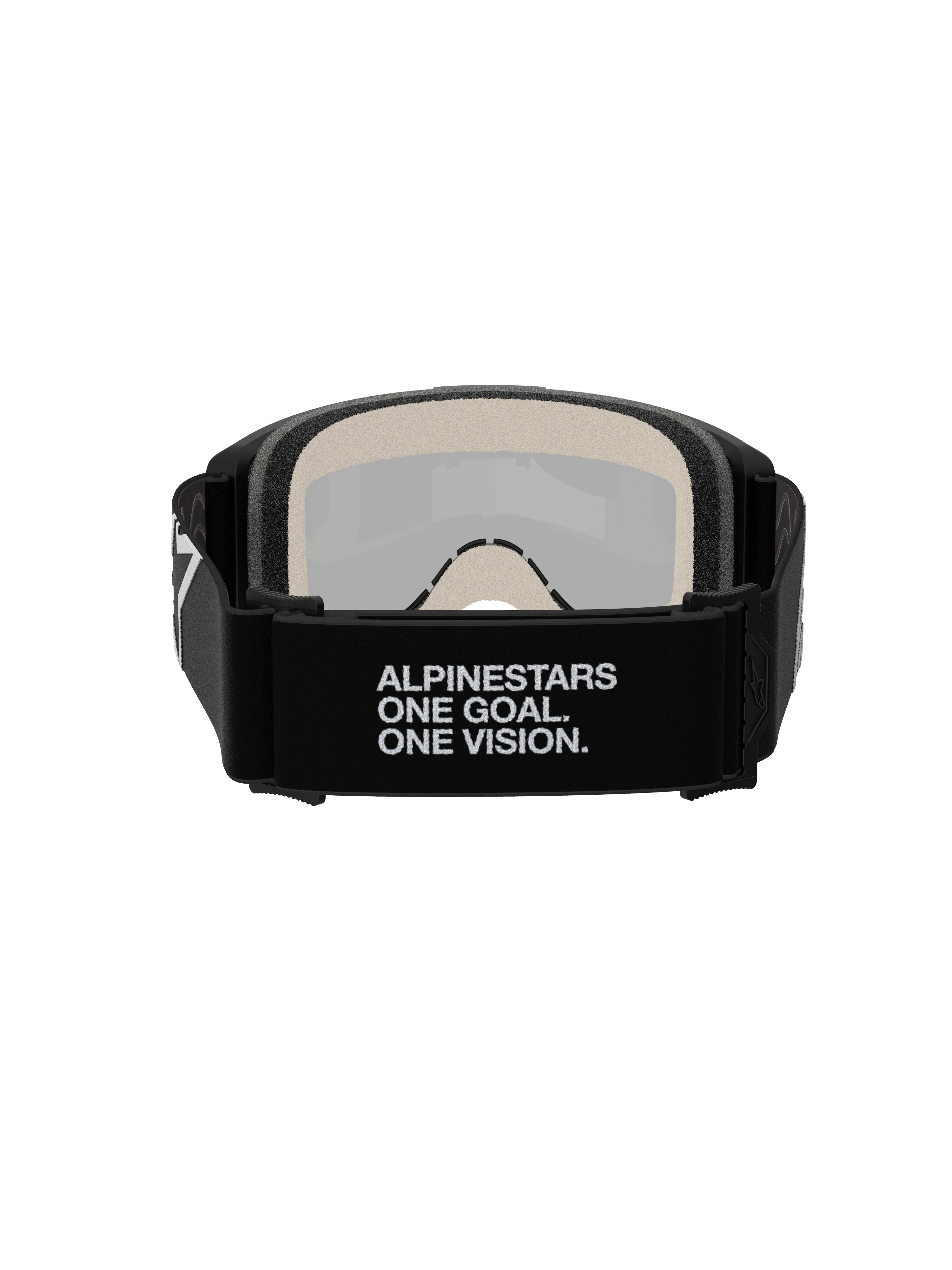 Óculos Alpinestars Vision 5 Corp, óculos de motocross, vista traseira, com fita tecida preta e slogan branco 'ALPINESTARS ONE GOAL. ONE VISION.', espuma facial multicamada de 17 mm, lente espelhada prateada visível do interior, concebidos para um ajuste seguro e performance em todo-o-terreno