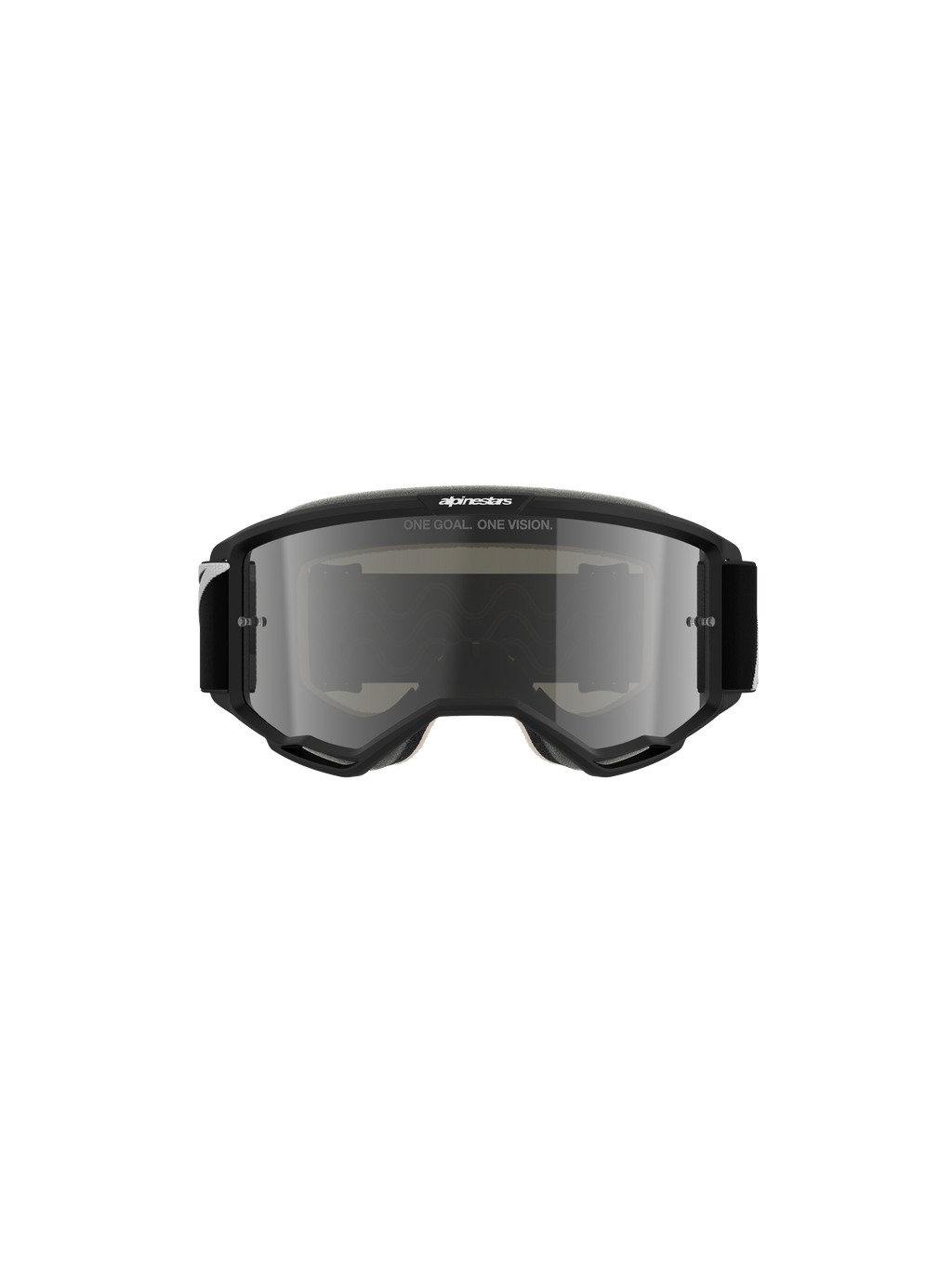 Alpinestars Vision 5 Corp Goggles, óculos de motocross, pretos com lente Mirror Silver, vista frontal apresentando o texto 'ONE GOAL. ONE VISION.' e o logótipo Alpinestars, design elegante para corridas de todo-o-terreno e motocross