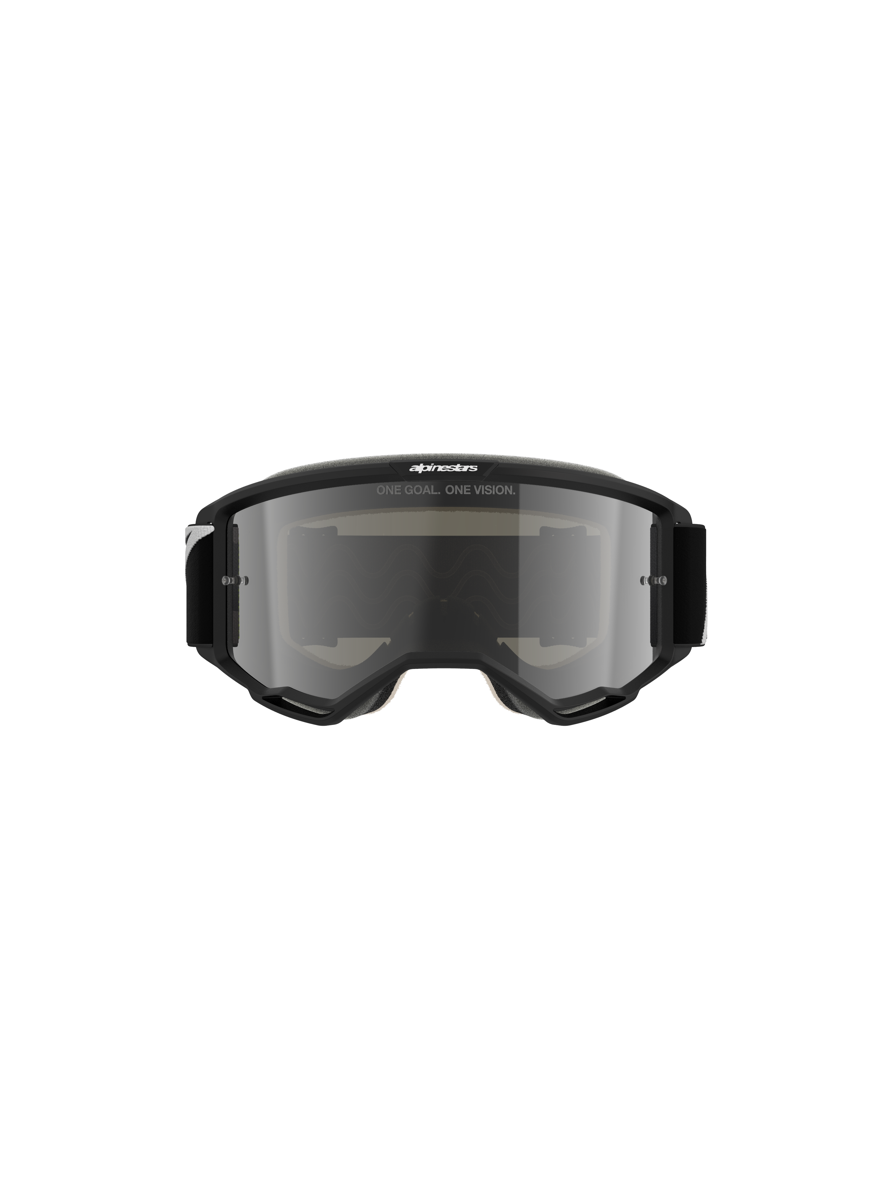Alpinestars Vision 5 Corp Goggles, óculos de motocross, pretos com lente Mirror Silver, vista frontal apresentando o texto 'ONE GOAL. ONE VISION.' e o logótipo Alpinestars, design elegante para corridas de todo-o-terreno e motocross