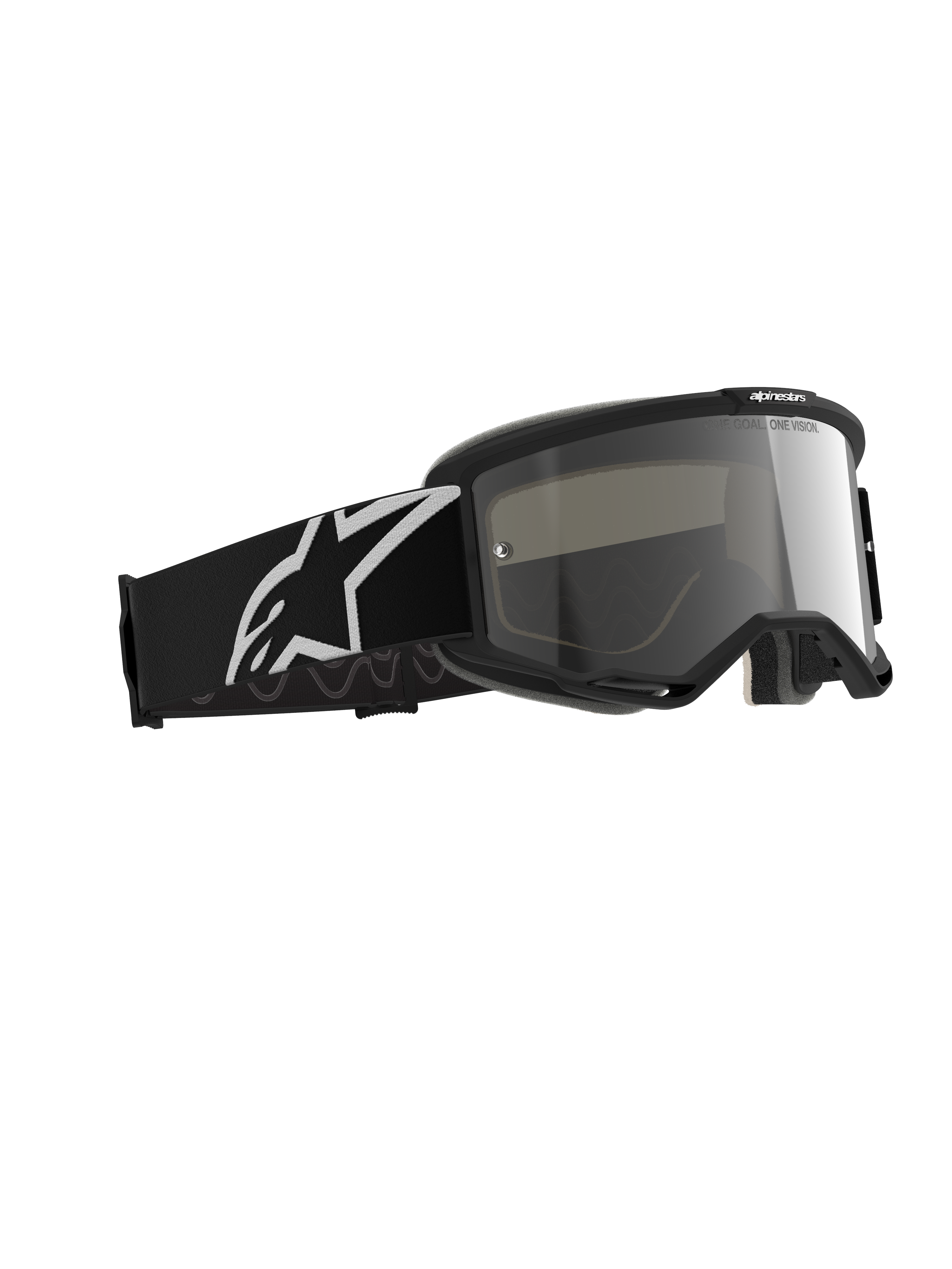 Óculos Alpinestars Vision 5 Corp, óculos de motocross, Black Mirror Silver, armação preta com lente espelhada prateada, fita preta larga com um grande logótipo Alpinestars branco, concebidos para desempenho em todo-o-terreno
