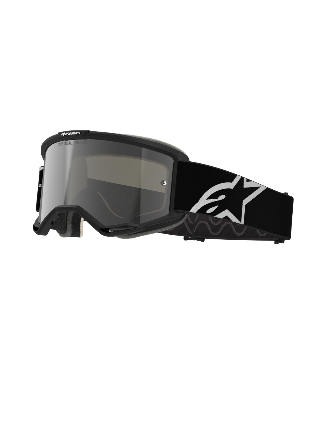 Alpinestars Vision 5 Corp, óculos de motocross, armação preta com lente espelhada prateada, fita preta larga e ajustável com logótipo de estrela branco, espuma facial acolchoada, marca One Goal One Vision