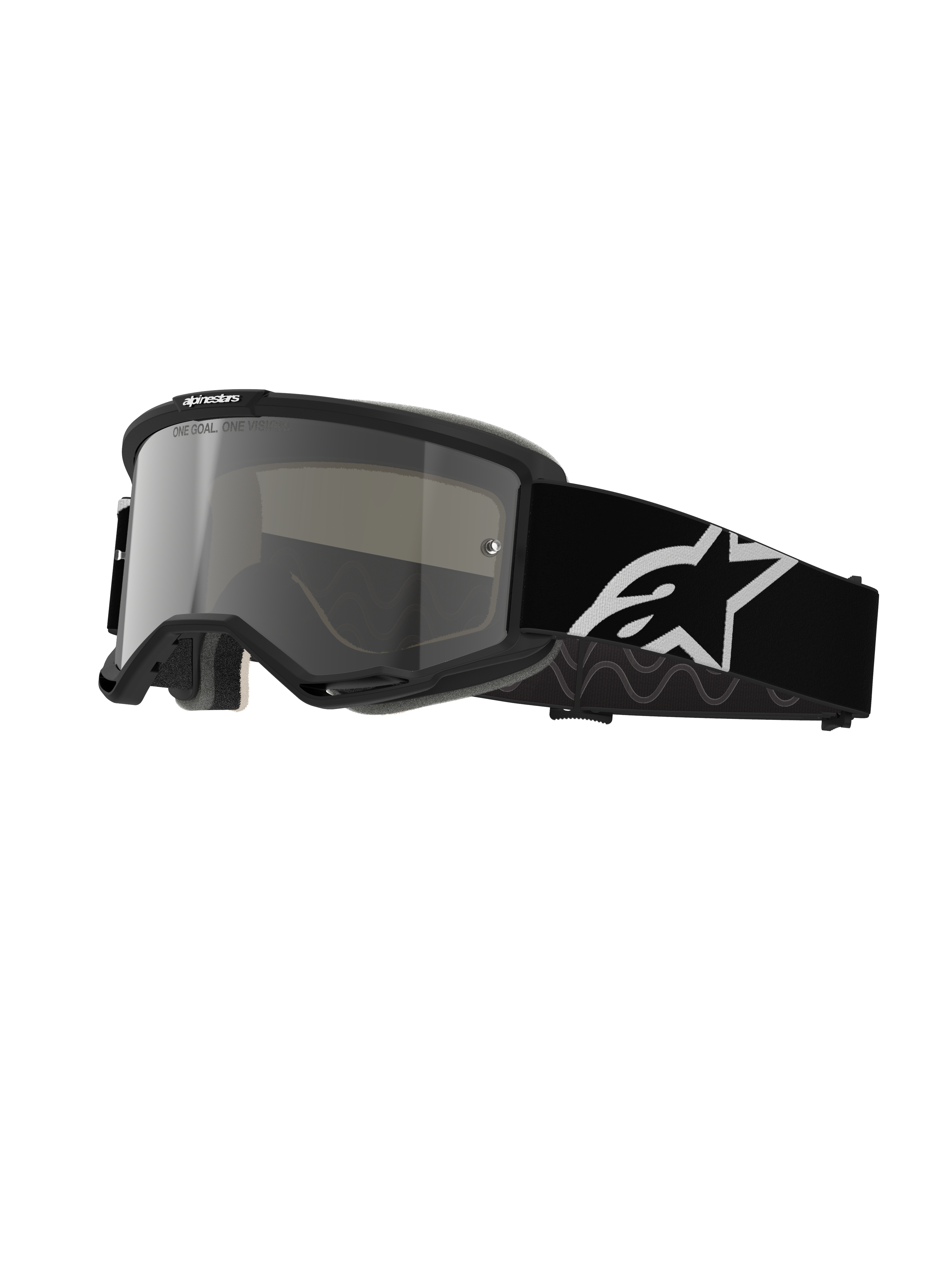 Alpinestars Vision 5 Corp, óculos de motocross, armação preta com lente espelhada prateada, fita preta larga e ajustável com logótipo de estrela branco, espuma facial acolchoada, marca One Goal One Vision