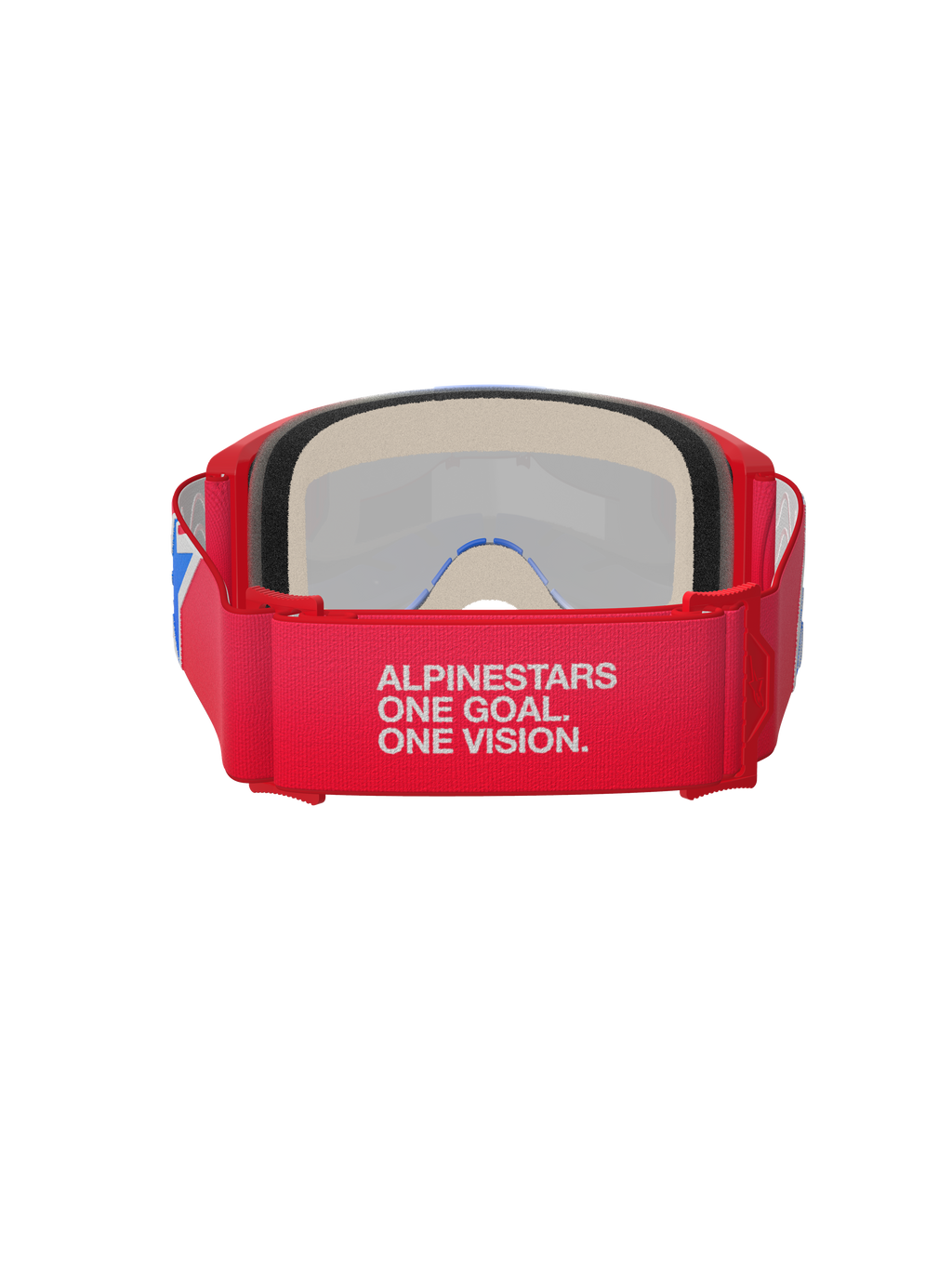Alpinestars Vision 5 Corp Goggles, óculos de motocross, vermelhos e brancos, vista traseira que mostra a correia larga com o slogan 'Alpinestars One Goal. One Vision.', espuma facial espessa e armação vermelha