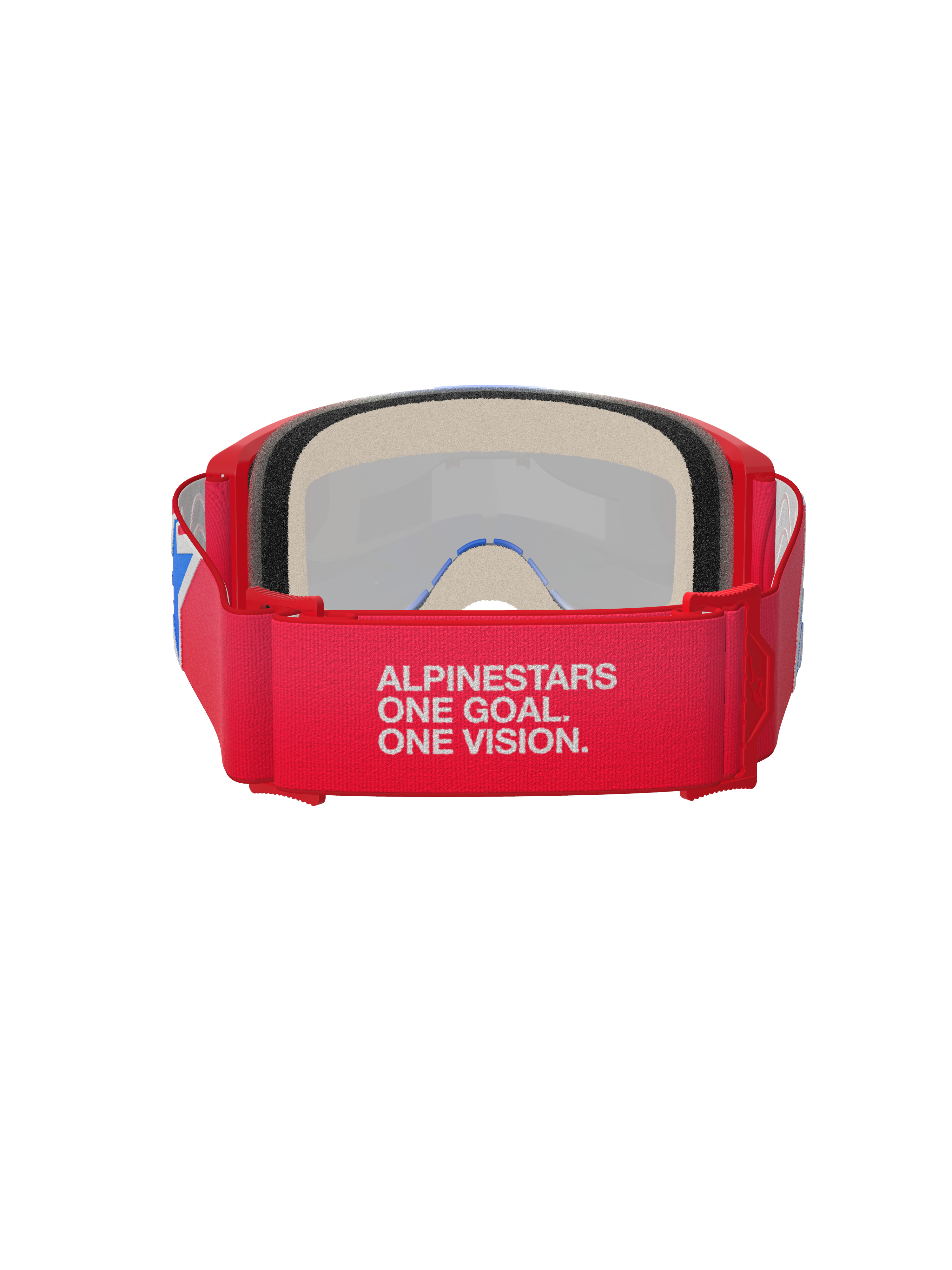 Alpinestars Vision 5 Corp Goggles, óculos de motocross, vermelhos e brancos, vista traseira que mostra a correia larga com o slogan 'Alpinestars One Goal. One Vision.', espuma facial espessa e armação vermelha