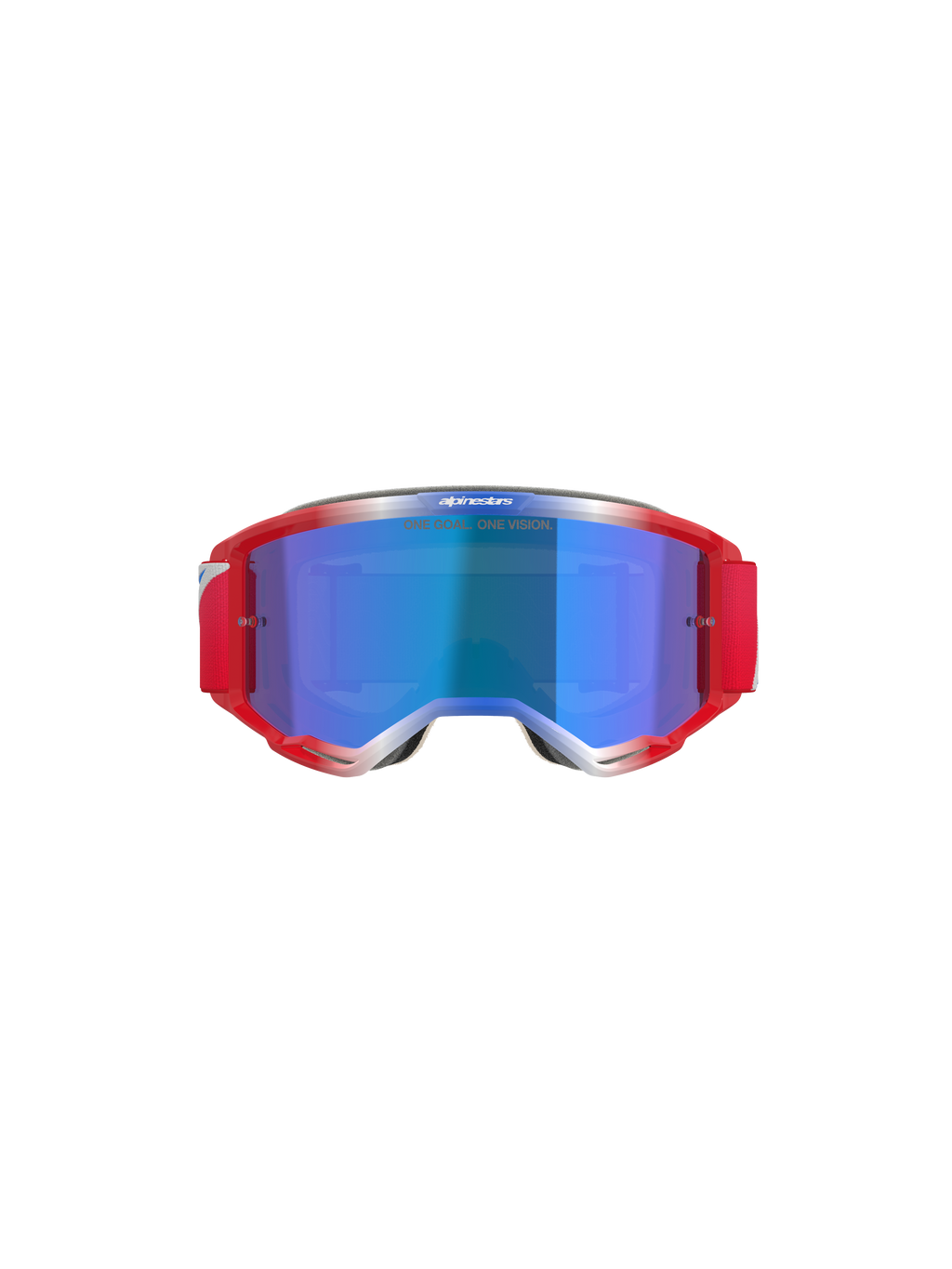 Alpinestars Vision 5 Corp Goggles, óculos de motocross, armação vermelha e branca com lente espelhada azul, com tira vermelha e texto 'ONE GOAL... ONE VISION' na lente, vista frontal