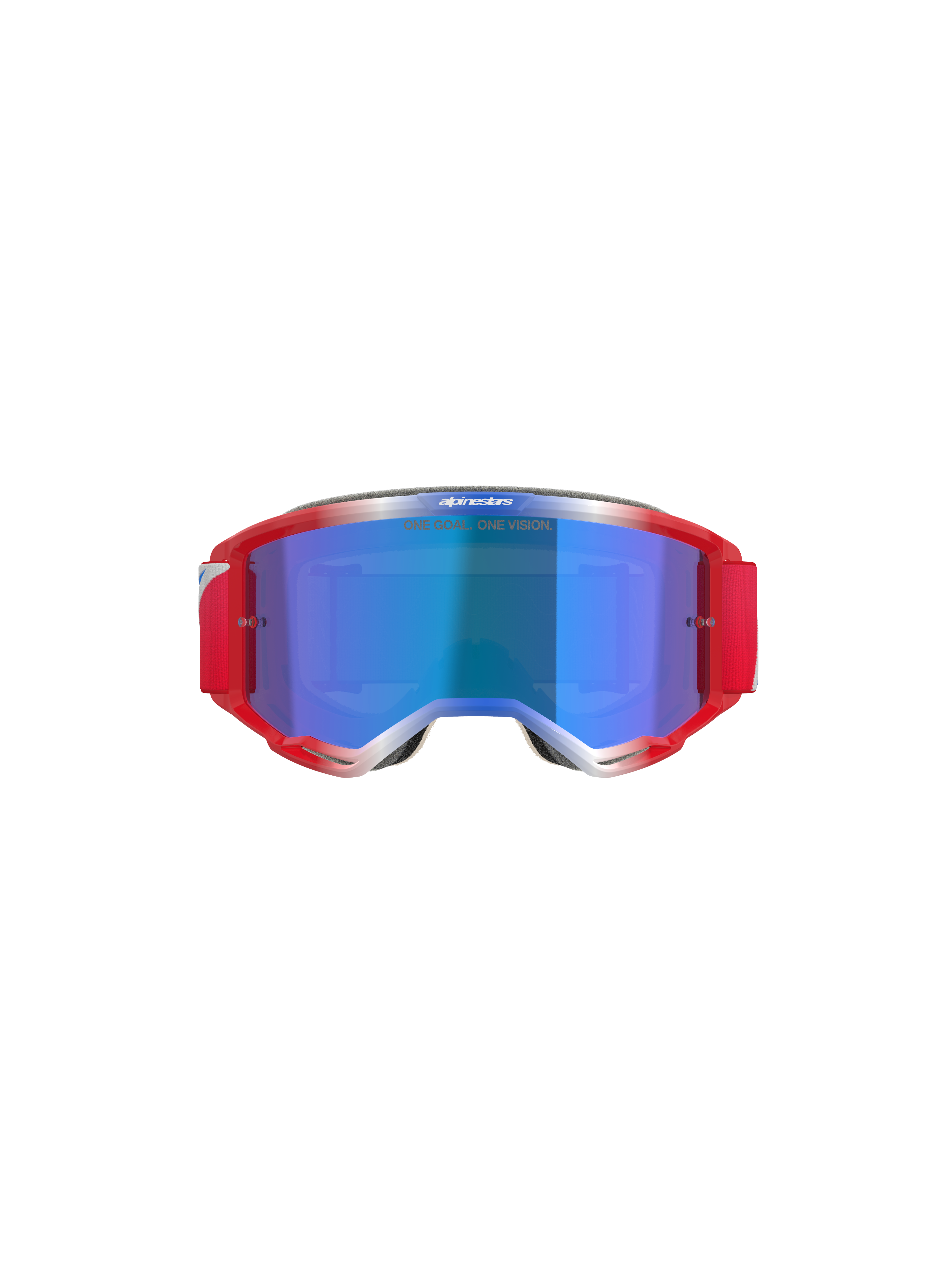Alpinestars Vision 5 Corp Goggles, óculos de motocross, armação vermelha e branca com lente espelhada azul, com tira vermelha e texto 'ONE GOAL... ONE VISION' na lente, vista frontal