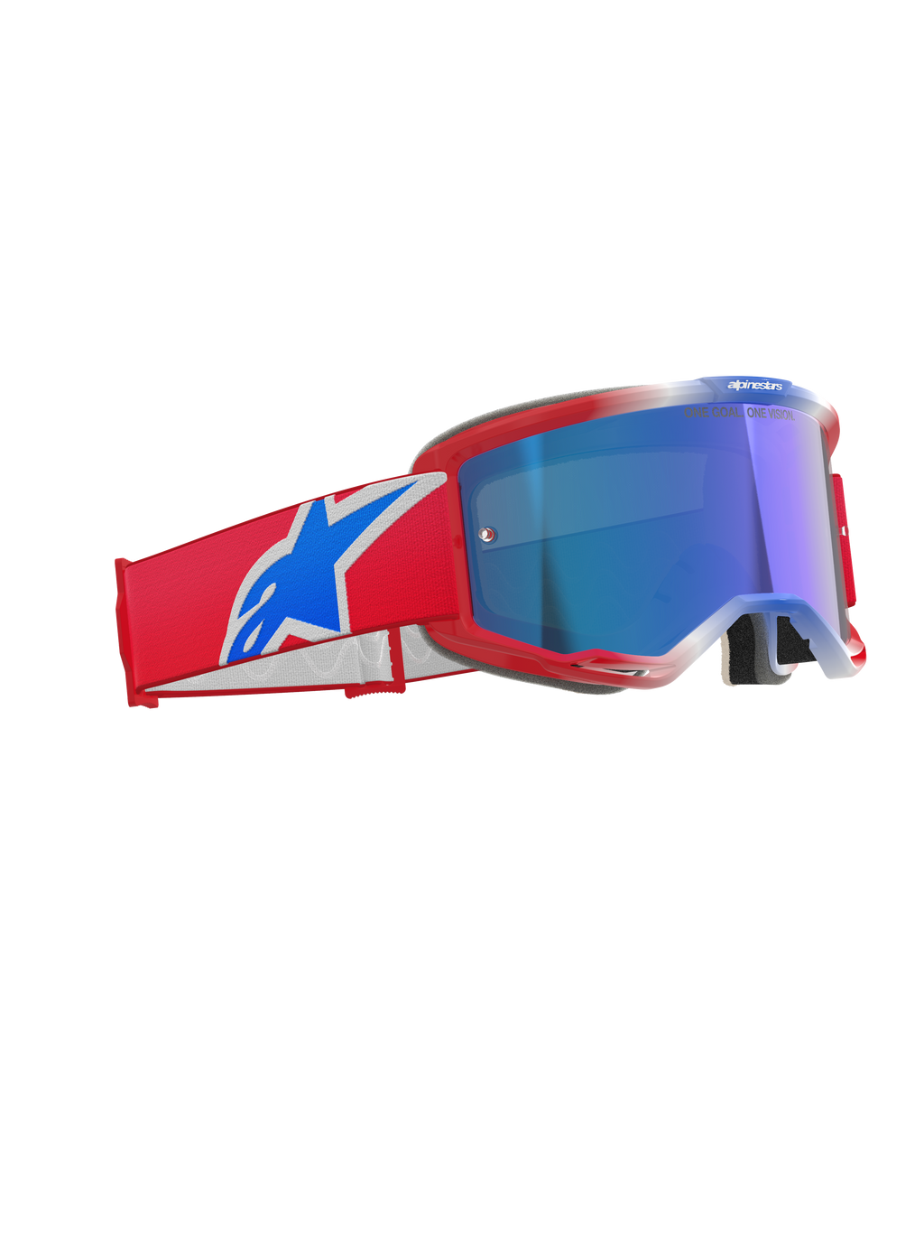 Óculos Alpinestars Vision 5 Corp, óculos de motocross, vermelho, branco e azul com lente espelhada azul, armação vermelha com ventilação, tira larga vermelha com logótipo azul e branco, óculos profissionais para corridas de todo-o-terreno e motocross
